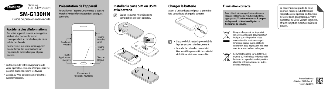 Samsung SM-G130HZWNXEF, SM-G130HZANFTM manual Présentation de l’appareil, Installer la carte SIM ou Usim et la batterie 