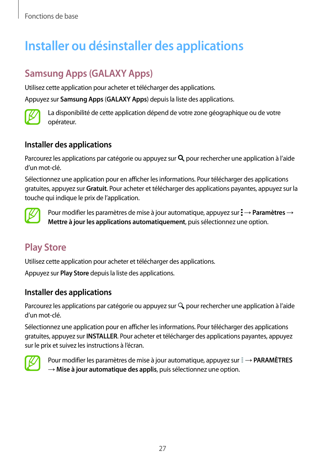 Samsung SM-G130HZAACOR Installer ou désinstaller des applications, Samsung Apps GALAXY Apps, Play Store, Fonctions de base 