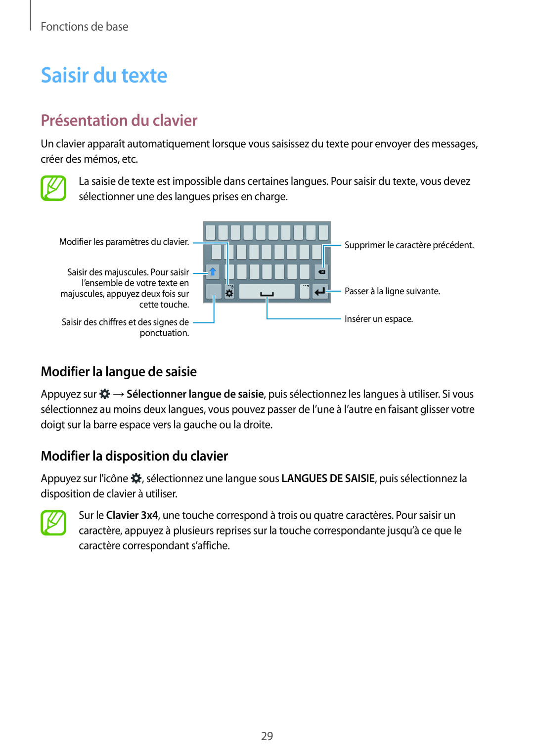 Samsung SM-G130HZWNXEF manual Saisir du texte, Présentation du clavier, Modifier la langue de saisie, Fonctions de base 