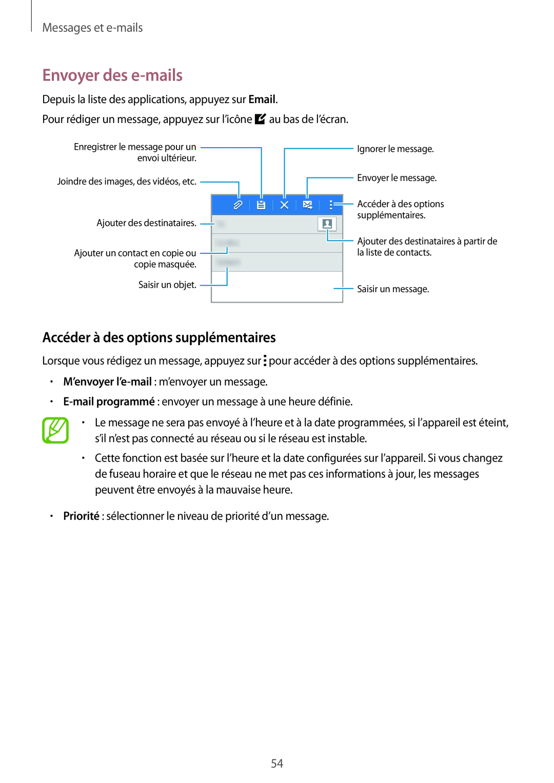 Samsung SM-G130HZWACOR, SM-G130HZANFTM Envoyer des e-mails, Accéder à des options supplémentaires, Messages et e-mails 