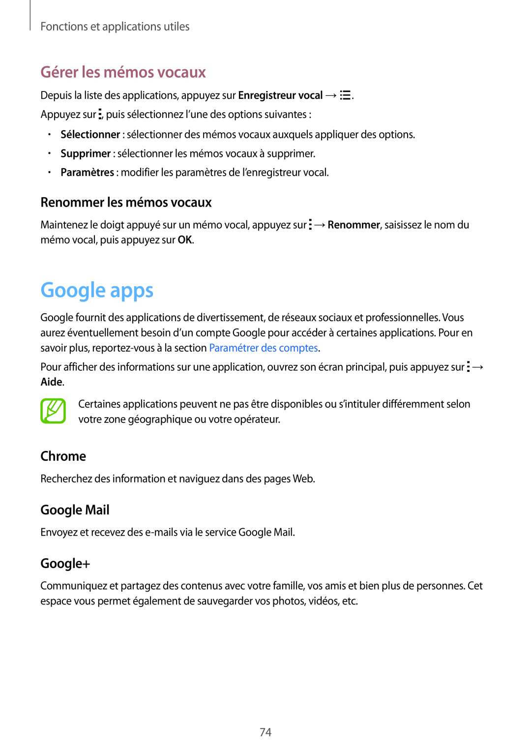 Samsung SM-G130HZWACOR manual Google apps, Gérer les mémos vocaux, Renommer les mémos vocaux, Chrome, Google Mail, Google+ 