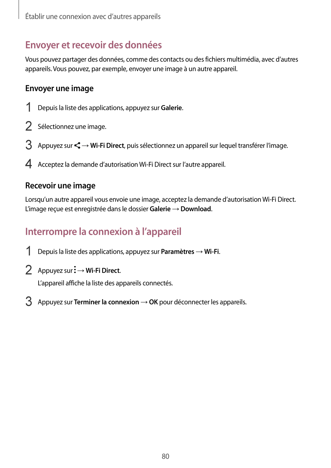 Samsung SM-G130HZANFTM manual Interrompre la connexion à l’appareil, Envoyer et recevoir des données, Envoyer une image 