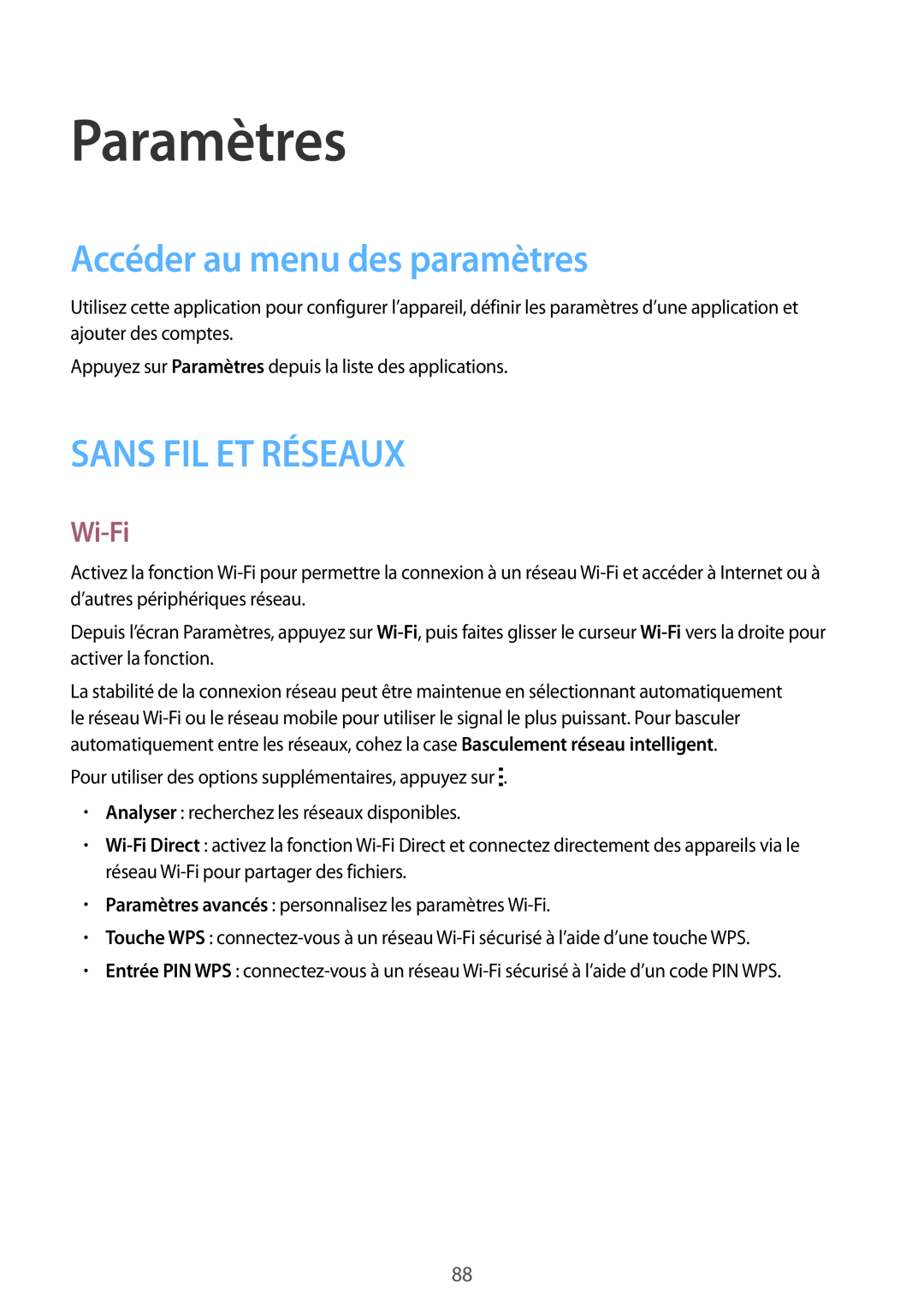 Samsung SM-G130HZANFTM, SM-G130HZWNXEF manual Paramètres, Accéder au menu des paramètres, Sans Fil Et Réseaux, Wi-Fi 