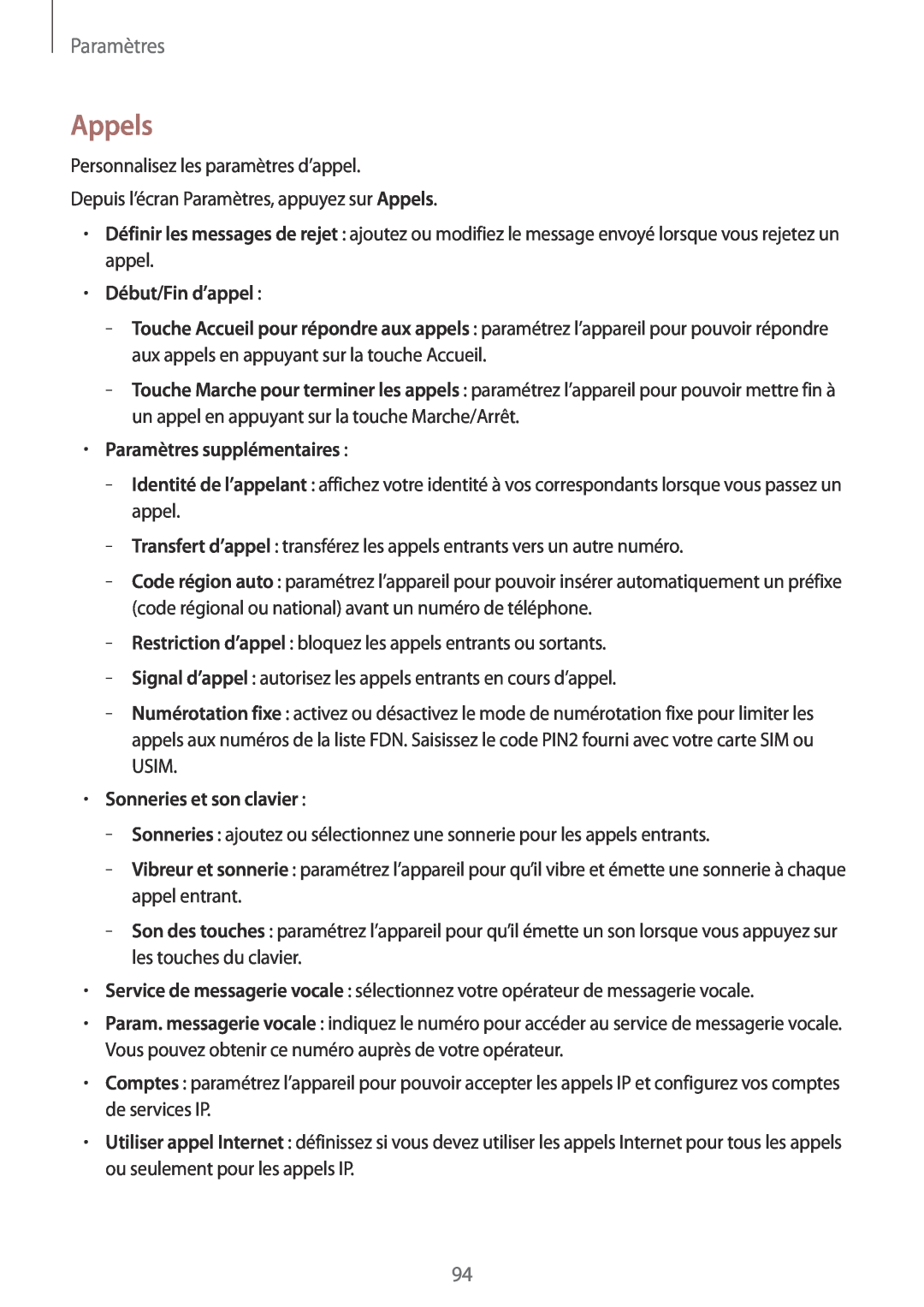 Samsung SM-G130HZWACOR, SM-G130HZANFTM Appels, Début/Fin d’appel, Paramètres supplémentaires, Sonneries et son clavier 