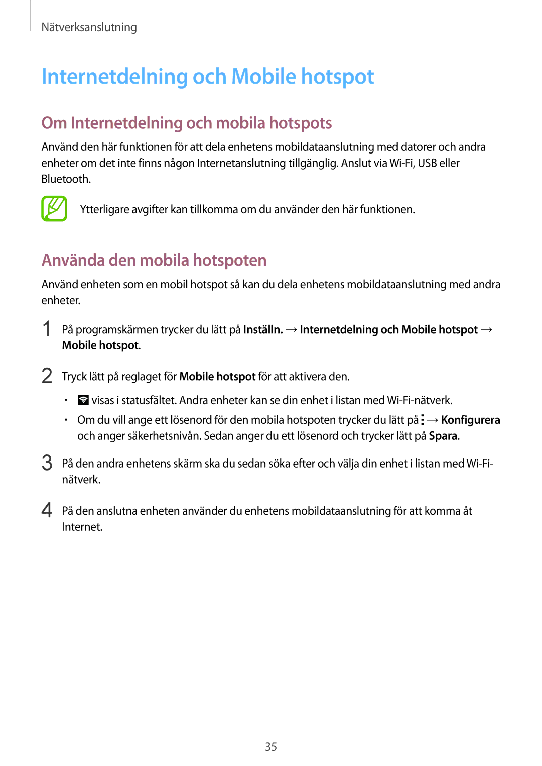 Samsung SM-G130HZANNEE, SM-G130HZWANEE manual Internetdelning och Mobile hotspot, Om Internetdelning och mobila hotspots 