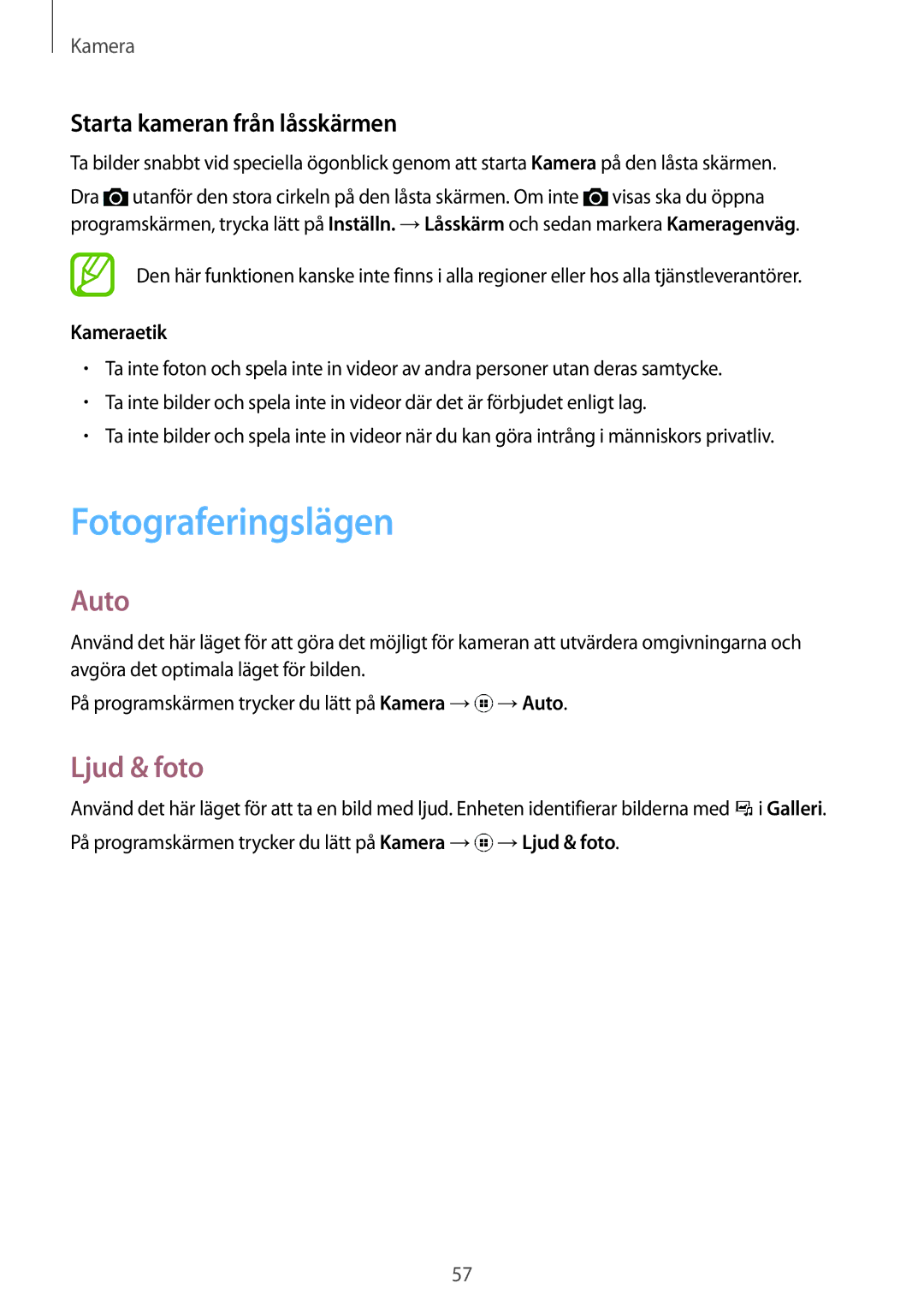 Samsung SM-G130HZAANEE, SM-G130HZANNEE Fotograferingslägen, Auto, Ljud & foto, Starta kameran från låsskärmen, Kameraetik 
