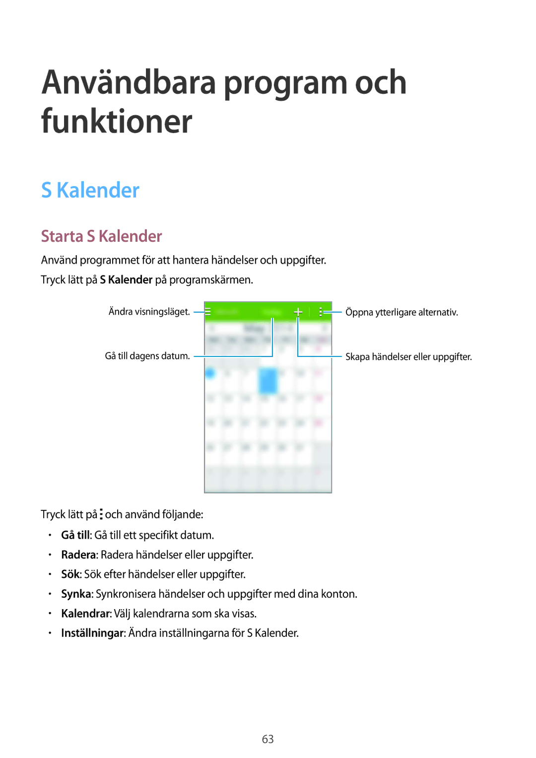 Samsung SM-G130HZWNNEE, SM-G130HZANNEE, SM-G130HZWANEE manual Användbara program och funktioner, Starta S Kalender 