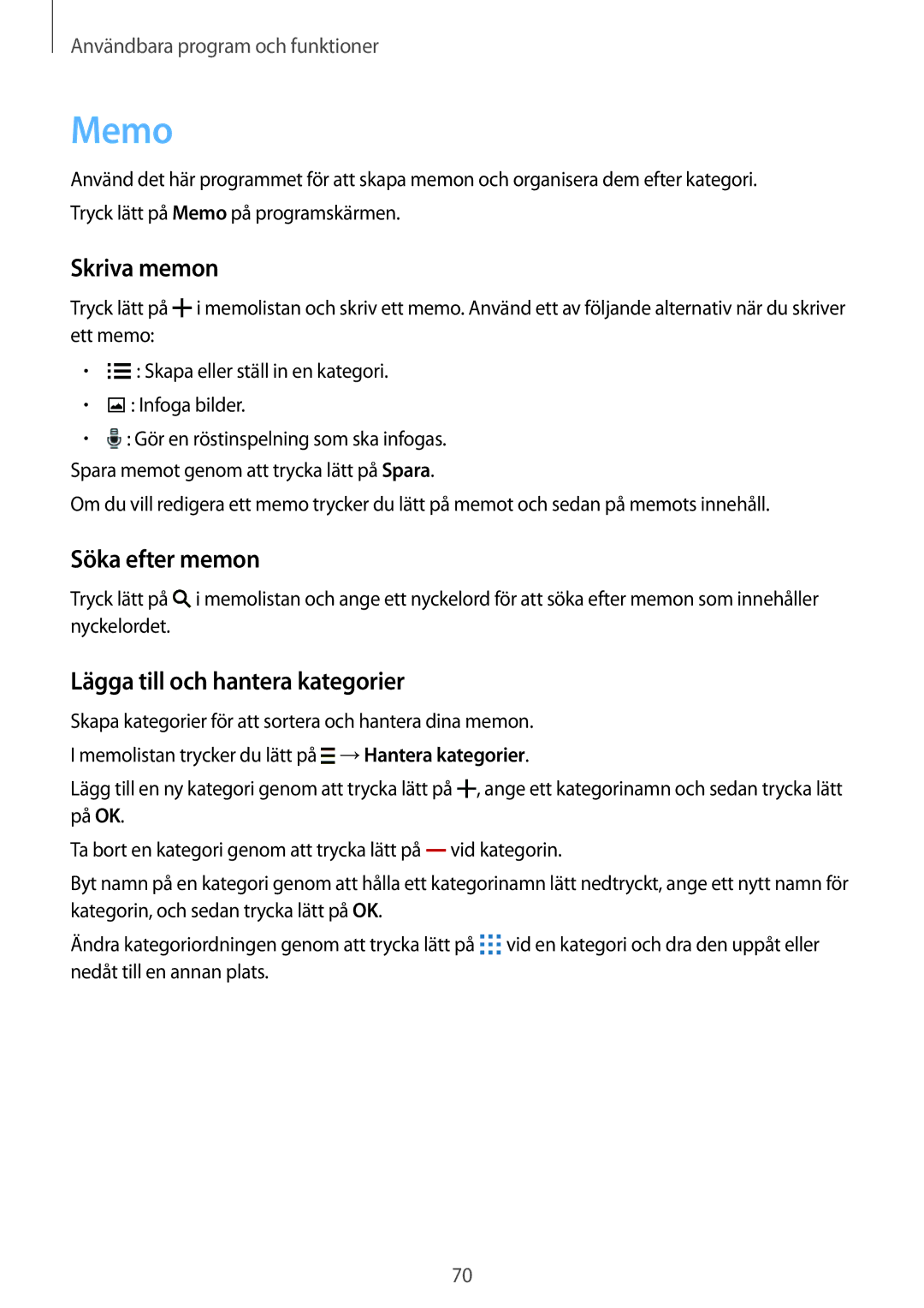 Samsung SM-G130HZANNEE, SM-G130HZWANEE manual Memo, Skriva memon, Söka efter memon, Lägga till och hantera kategorier 