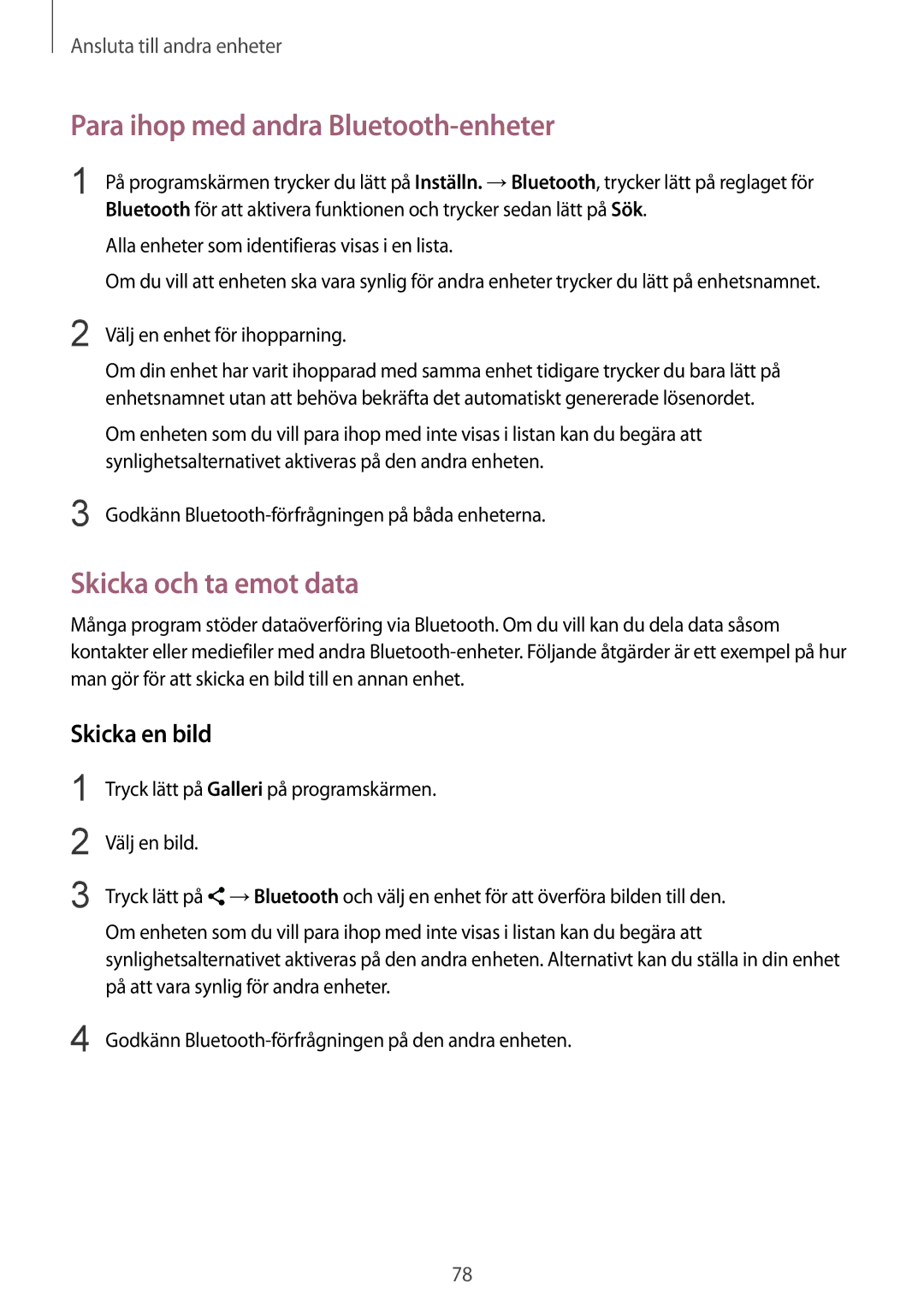 Samsung SM-G130HZWNNEE, SM-G130HZANNEE manual Para ihop med andra Bluetooth-enheter, Skicka och ta emot data, Skicka en bild 