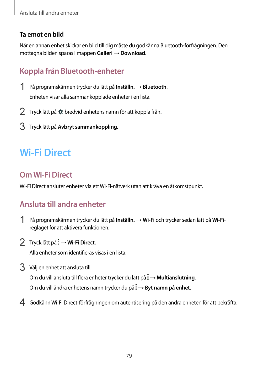 Samsung SM-G130HZANTEN Koppla från Bluetooth-enheter, Om Wi-Fi Direct, Ansluta till andra enheter, Ta emot en bild 