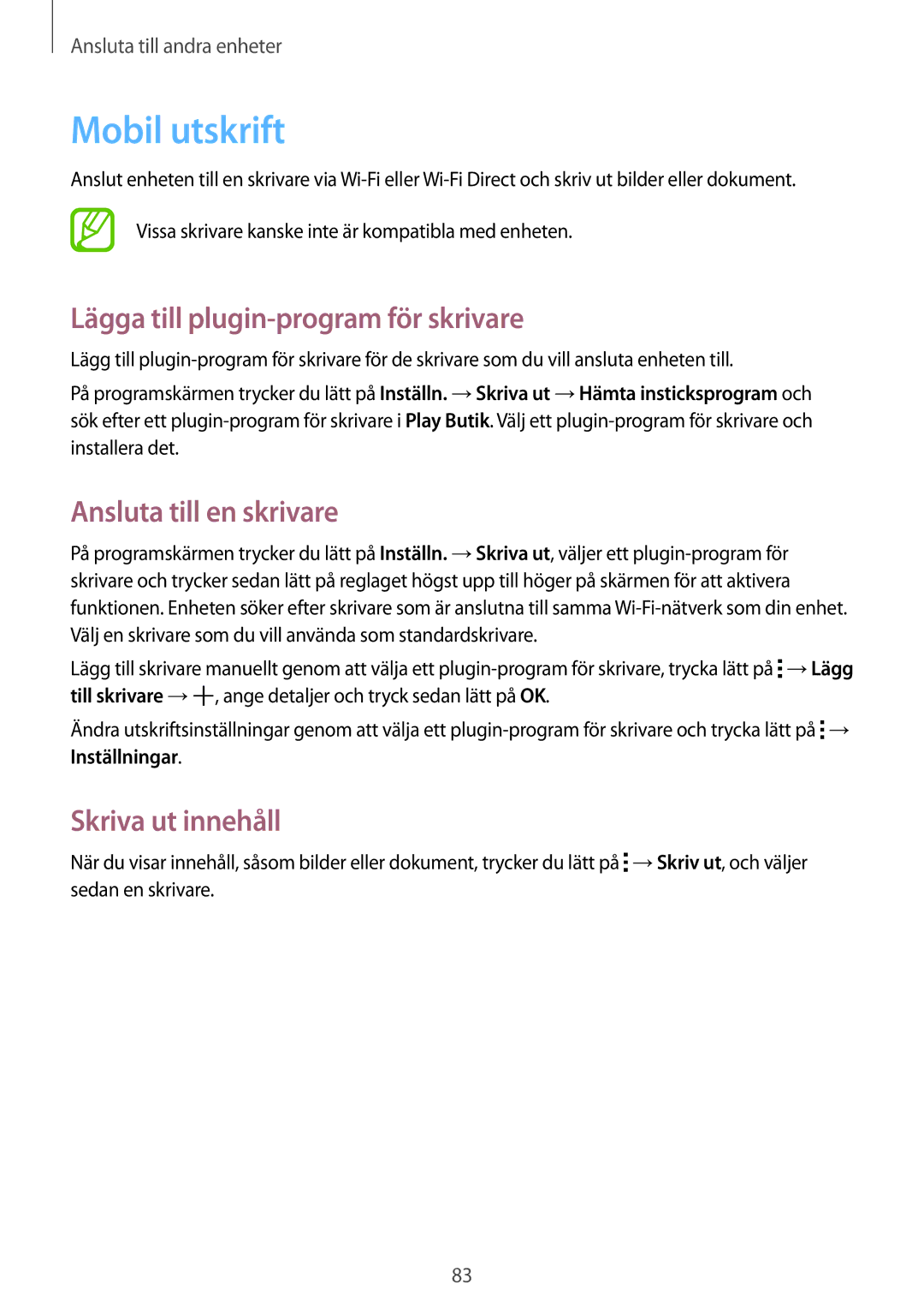 Samsung SM-G130HZWNNEE, SM-G130HZANNEE Mobil utskrift, Lägga till plugin-program för skrivare, Ansluta till en skrivare 