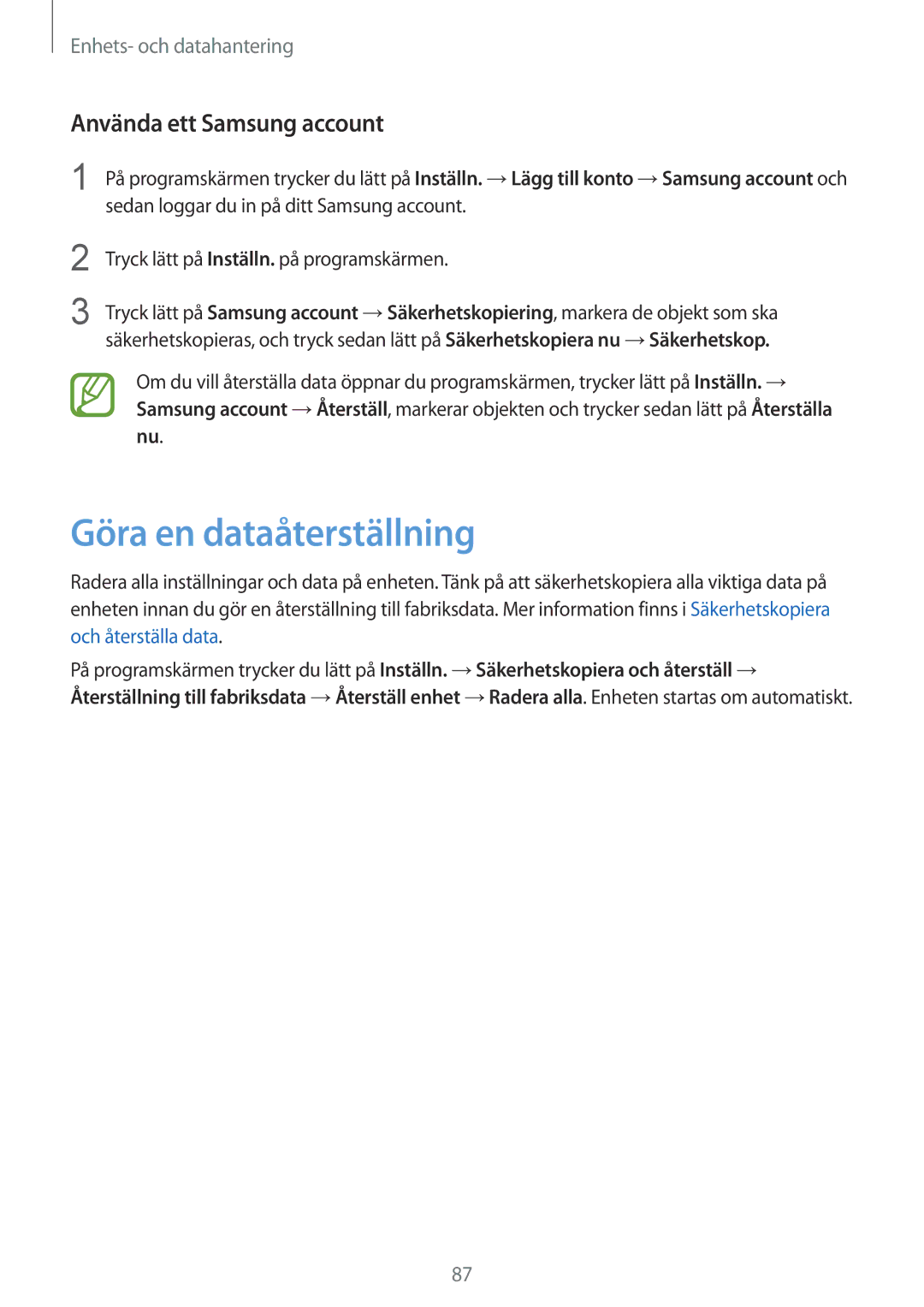Samsung SM-G130HZAANEE, SM-G130HZANNEE, SM-G130HZWANEE manual Göra en dataåterställning, Använda ett Samsung account 