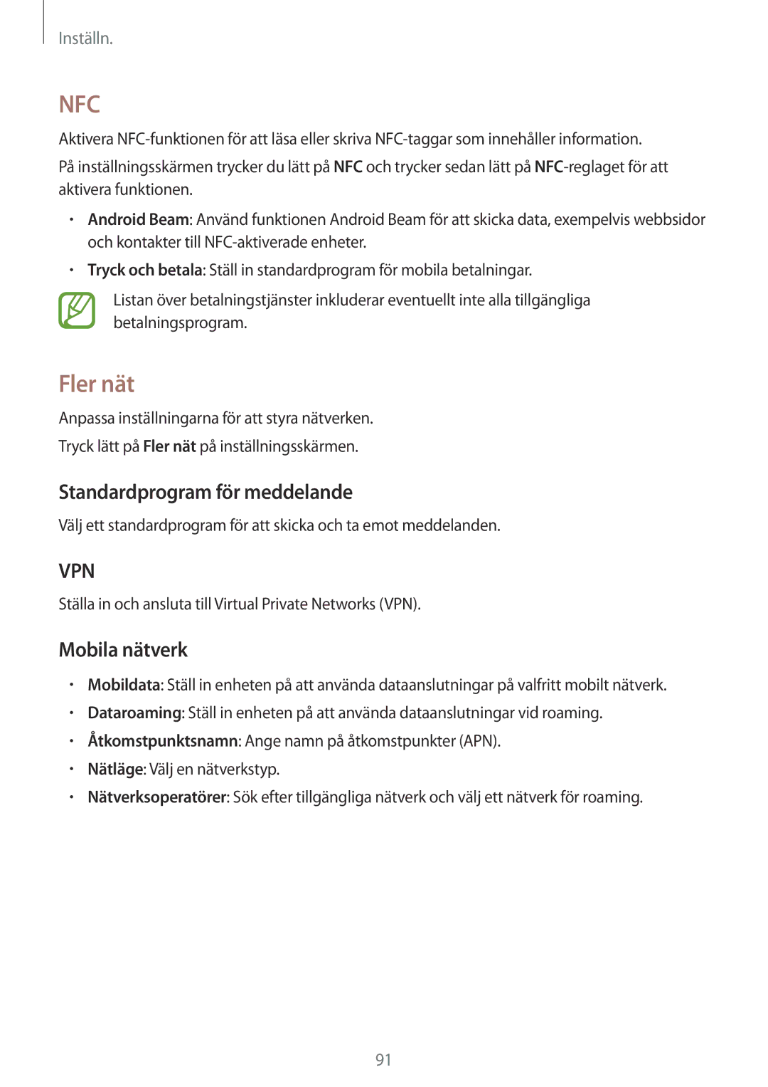 Samsung SM-G130HZWANEE, SM-G130HZANNEE, SM-G130HZAANEE manual Fler nät, Standardprogram för meddelande, Mobila nätverk 