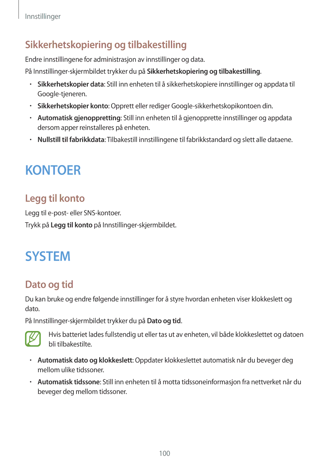 Samsung SM-G130HZANNEE, SM-G130HZWANEE, SM-G130HZAANEE Sikkerhetskopiering og tilbakestilling, Legg til konto, Dato og tid 