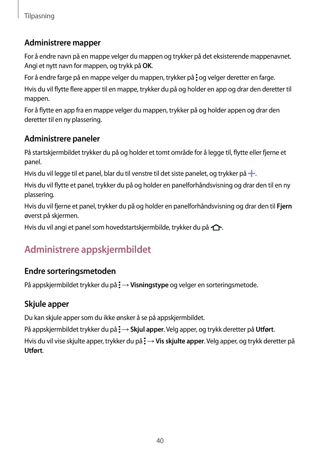 Samsung SM-G130HZANNEE Administrere appskjermbildet, Administrere mapper, Administrere paneler, Endre sorteringsmetoden 