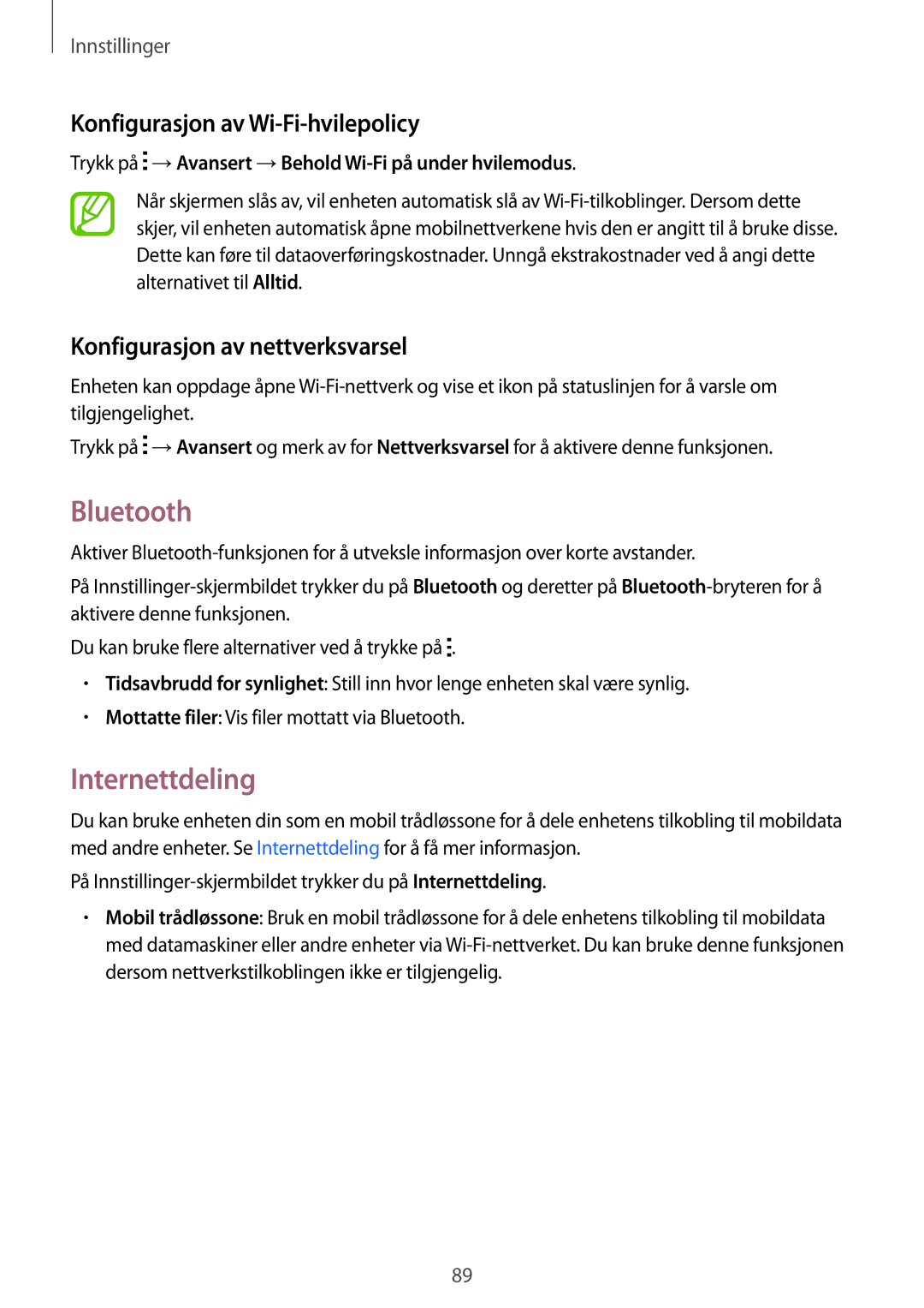 Samsung SM-G130HZANTEN Bluetooth, Internettdeling, Konfigurasjon av Wi-Fi-hvilepolicy, Konfigurasjon av nettverksvarsel 