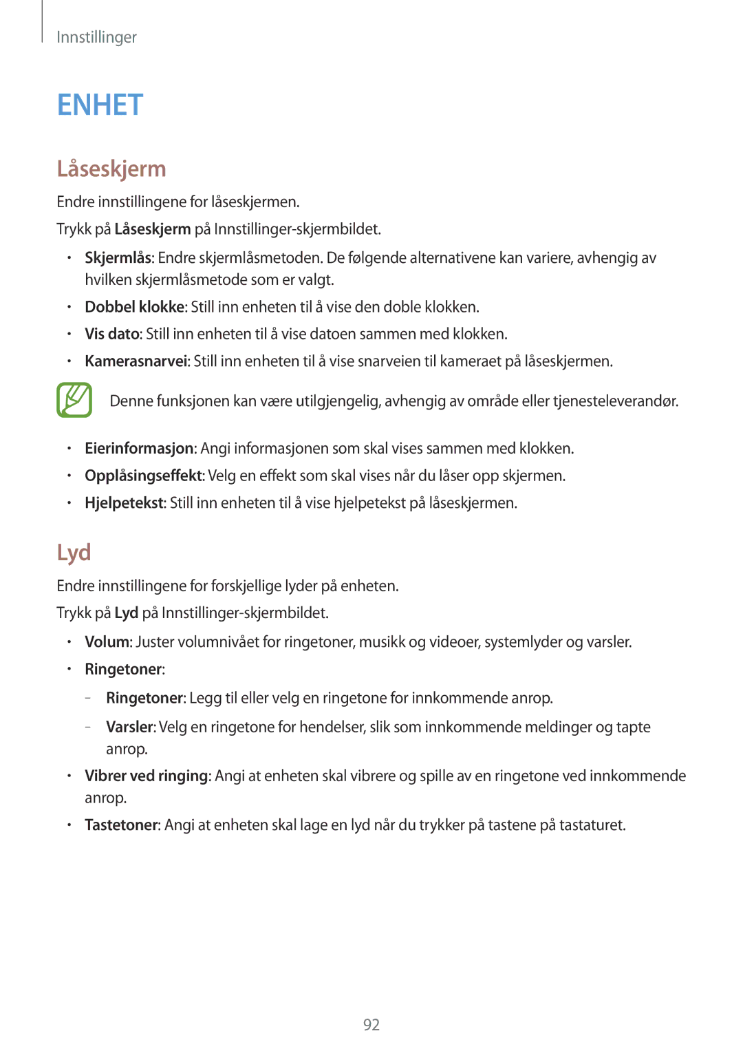 Samsung SM-G130HZAANEE, SM-G130HZANNEE, SM-G130HZWANEE, SM-G130HZWNNEE, SM-G130HZANTEN manual Låseskjerm, Lyd, Ringetoner 