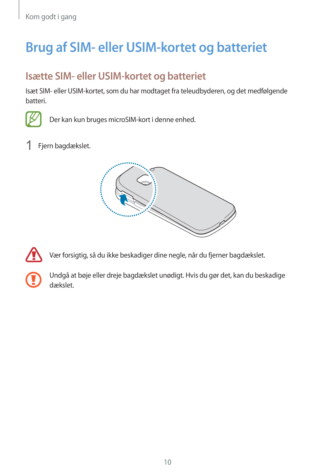 Samsung SM-G130HZANNEE manual Brug af SIM- eller USIM-kortet og batteriet, Isætte SIM- eller USIM-kortet og batteriet 