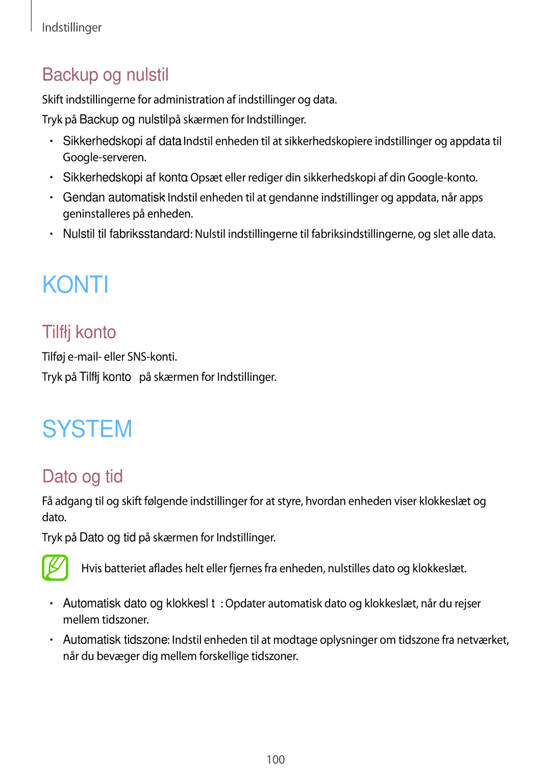 Samsung SM-G130HZANNEE, SM-G130HZWANEE, SM-G130HZAANEE, SM-G130HZWNNEE manual Backup og nulstil, Tilføj konto, Dato og tid 