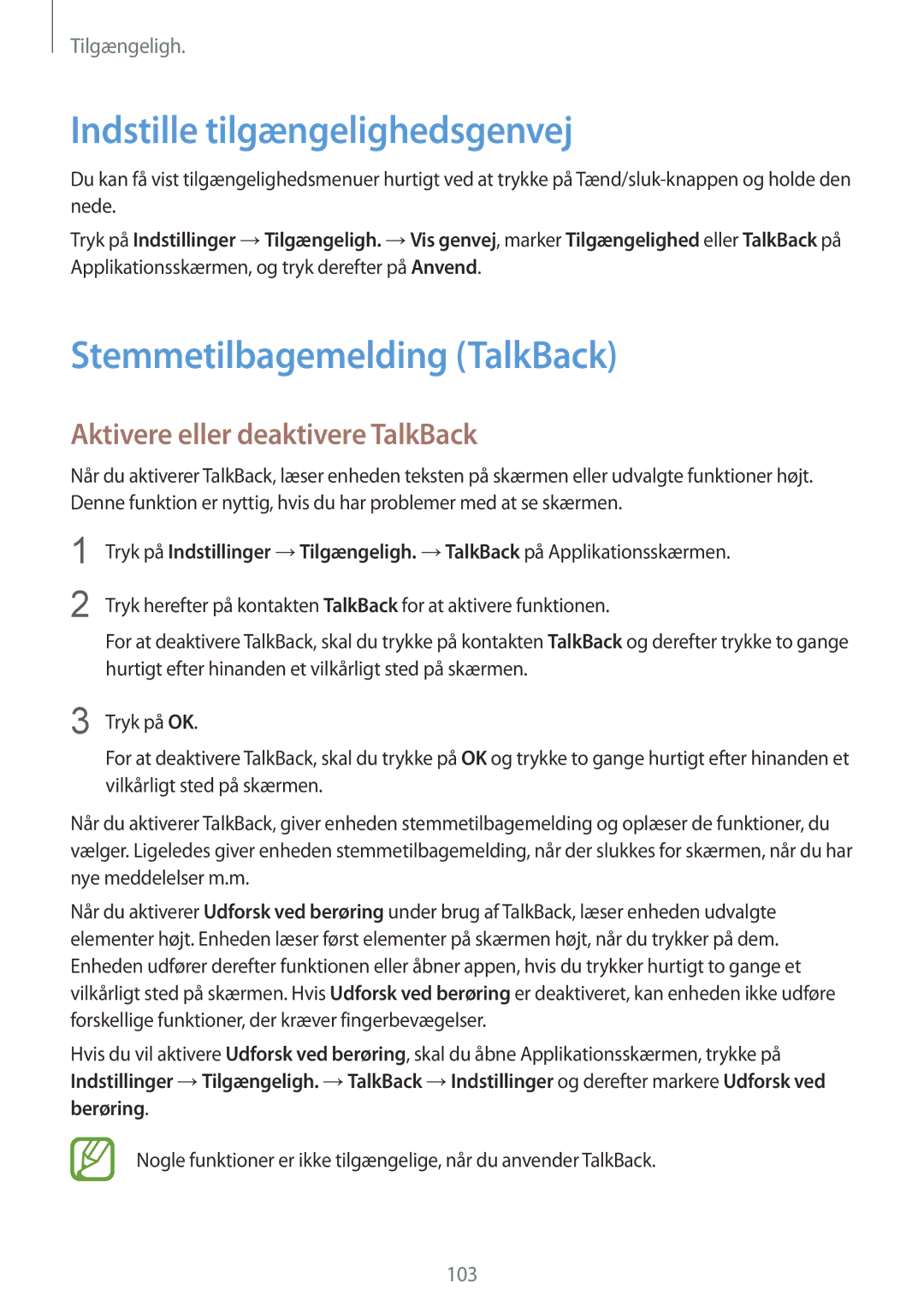 Samsung SM-G130HZWNNEE Indstille tilgængelighedsgenvej, Stemmetilbagemelding TalkBack, Aktivere eller deaktivere TalkBack 