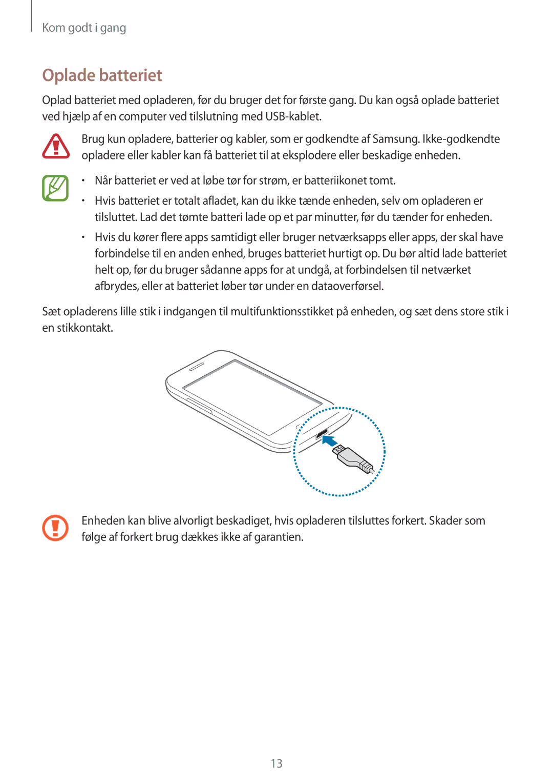 Samsung SM-G130HZWNNEE, SM-G130HZANNEE, SM-G130HZWANEE, SM-G130HZAANEE, SM-G130HZANTEN manual Oplade batteriet 