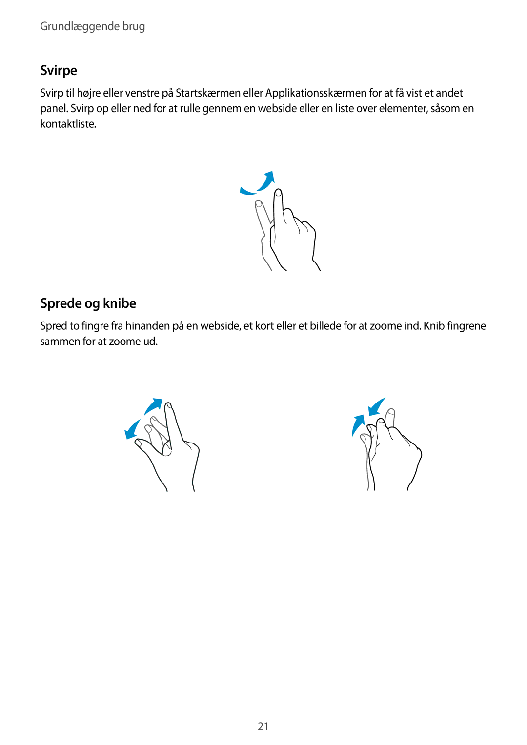 Samsung SM-G130HZWANEE, SM-G130HZANNEE, SM-G130HZAANEE, SM-G130HZWNNEE, SM-G130HZANTEN manual Svirpe, Sprede og knibe 