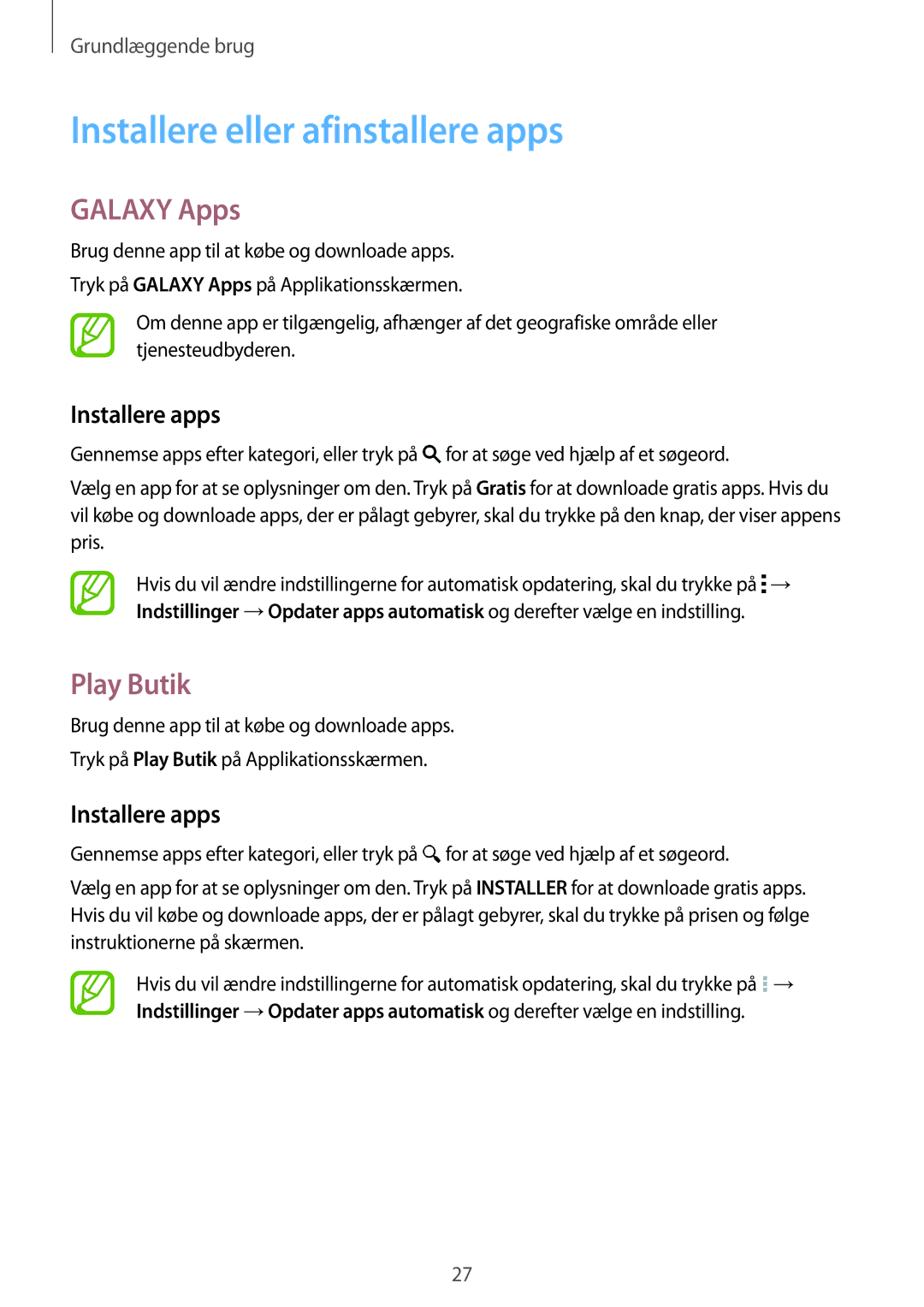 Samsung SM-G130HZAANEE, SM-G130HZANNEE manual Installere eller afinstallere apps, Galaxy Apps, Play Butik, Installere apps 