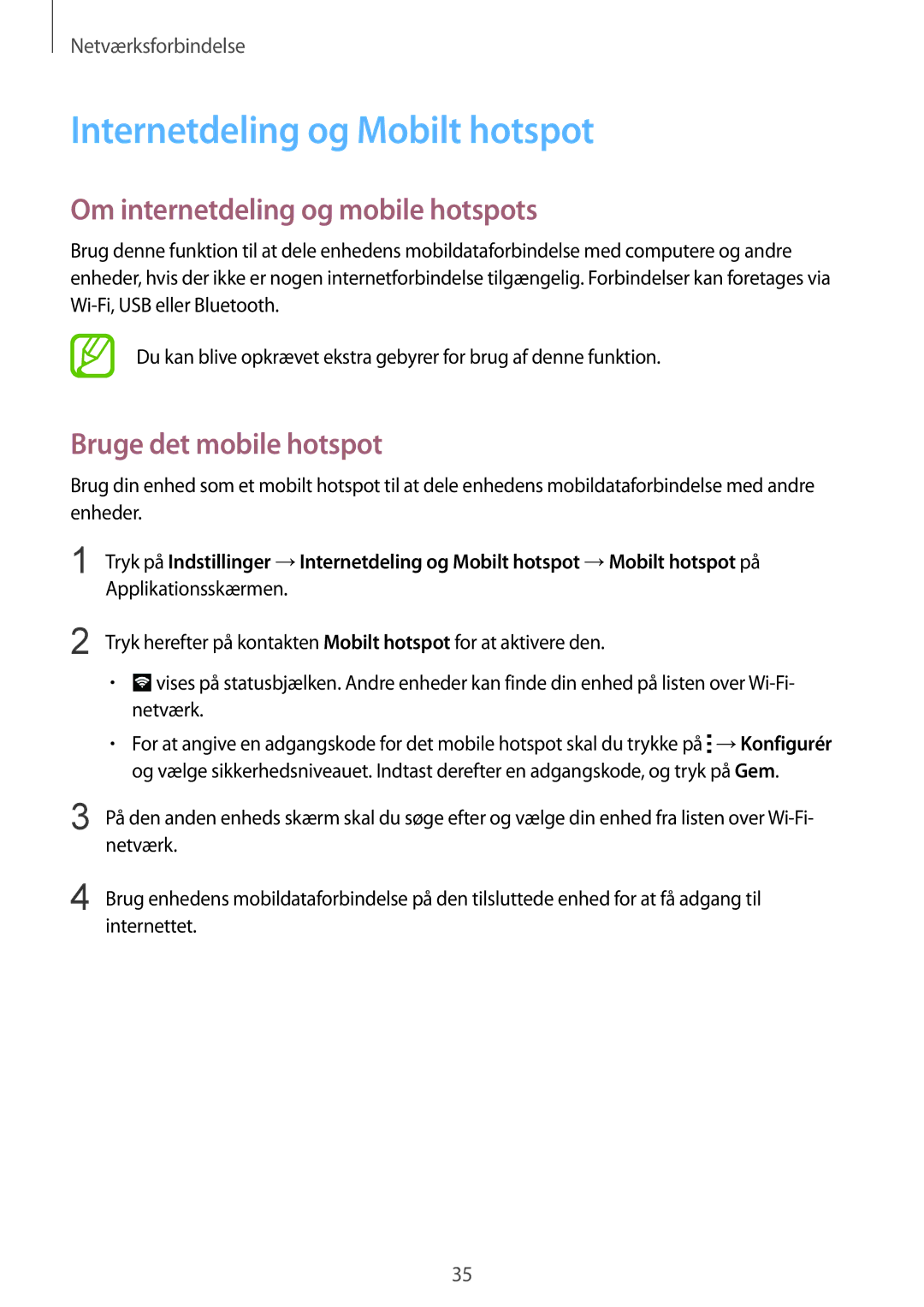 Samsung SM-G130HZANNEE Internetdeling og Mobilt hotspot, Om internetdeling og mobile hotspots, Bruge det mobile hotspot 