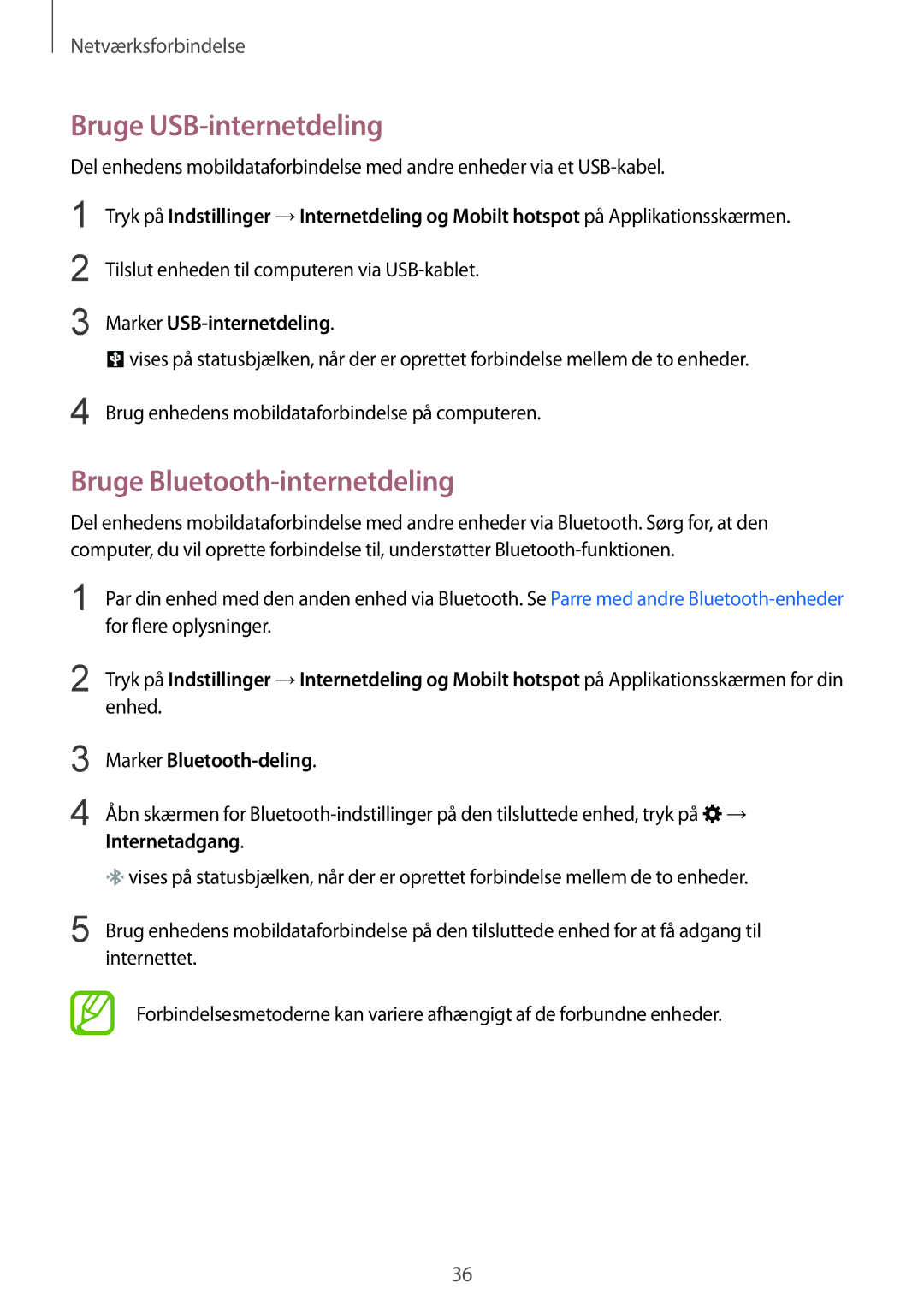 Samsung SM-G130HZWANEE, SM-G130HZANNEE Bruge USB-internetdeling, Bruge Bluetooth-internetdeling, Marker USB-internetdeling 