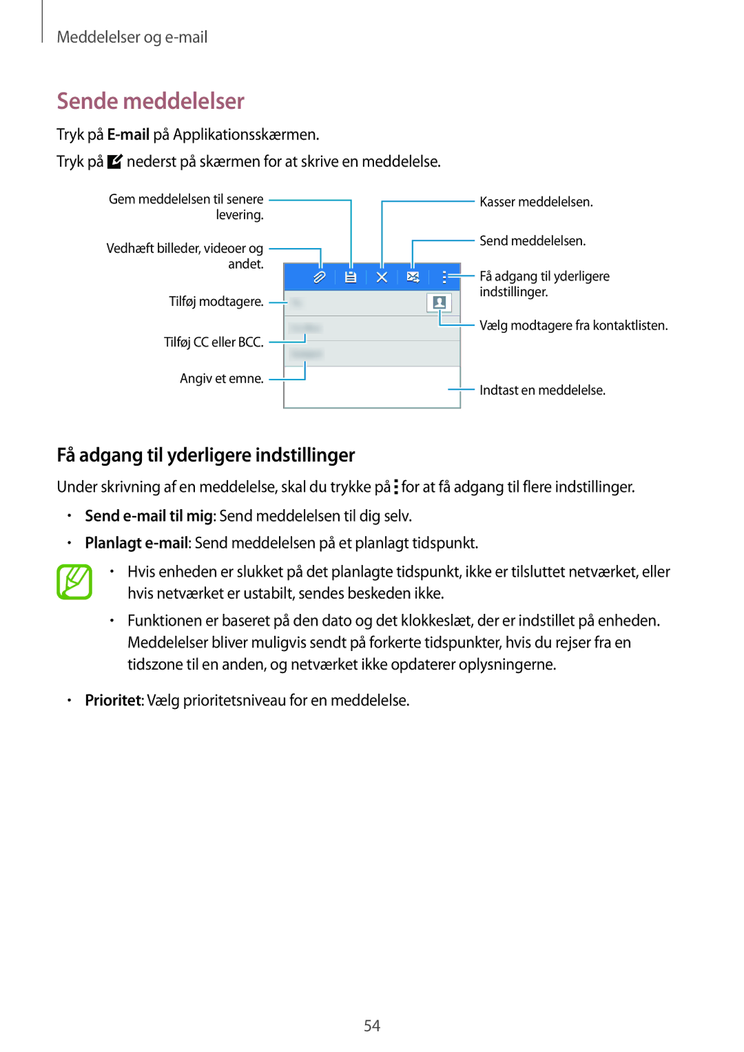 Samsung SM-G130HZANTEN, SM-G130HZANNEE, SM-G130HZWANEE manual Sende meddelelser, Få adgang til yderligere indstillinger 