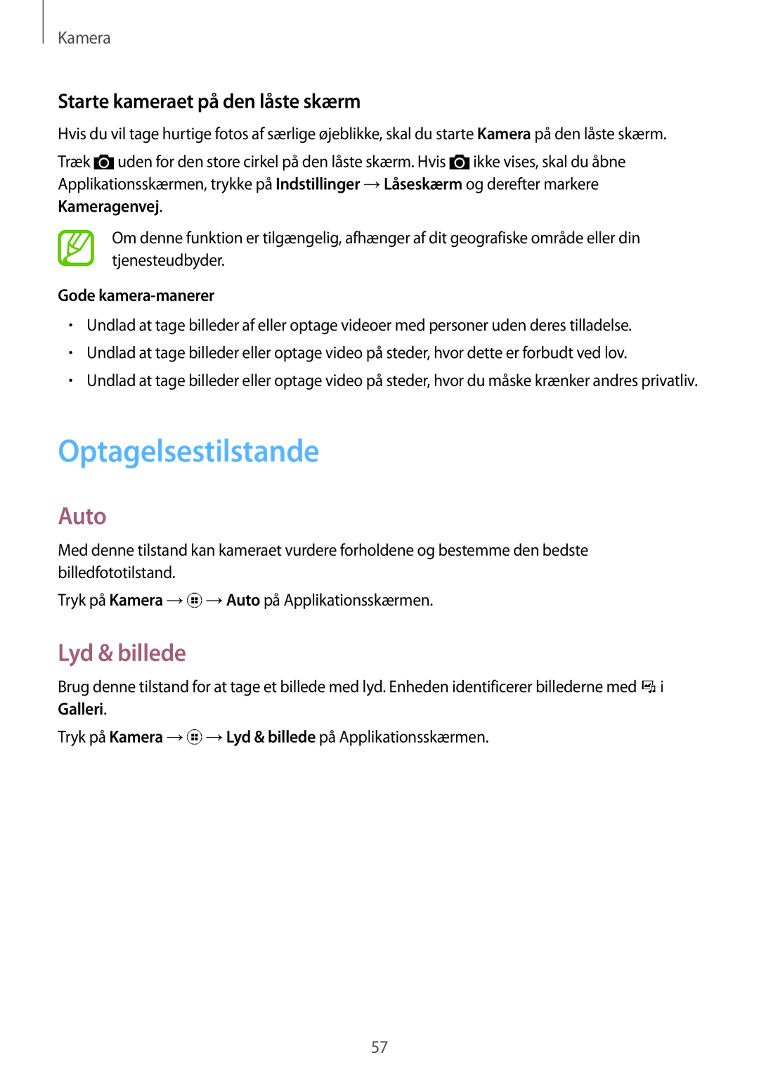 Samsung SM-G130HZAANEE Optagelsestilstande, Auto, Lyd & billede, Starte kameraet på den låste skærm, Gode kamera-manerer 
