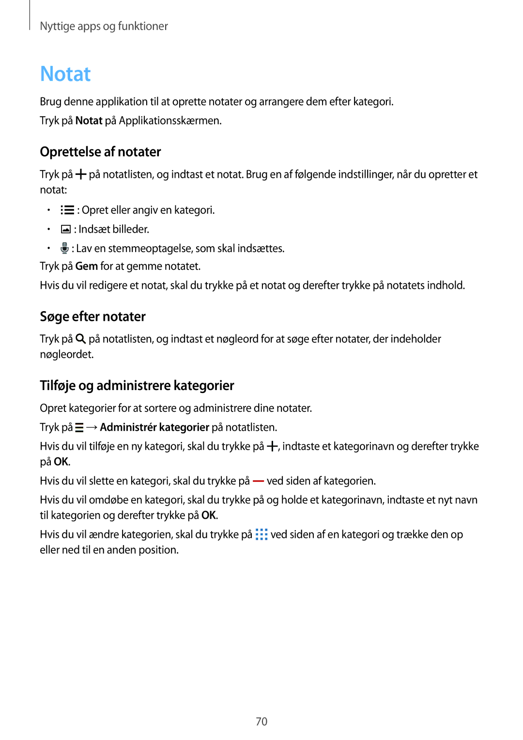 Samsung SM-G130HZANNEE manual Notat, Oprettelse af notater, Søge efter notater, Tilføje og administrere kategorier 