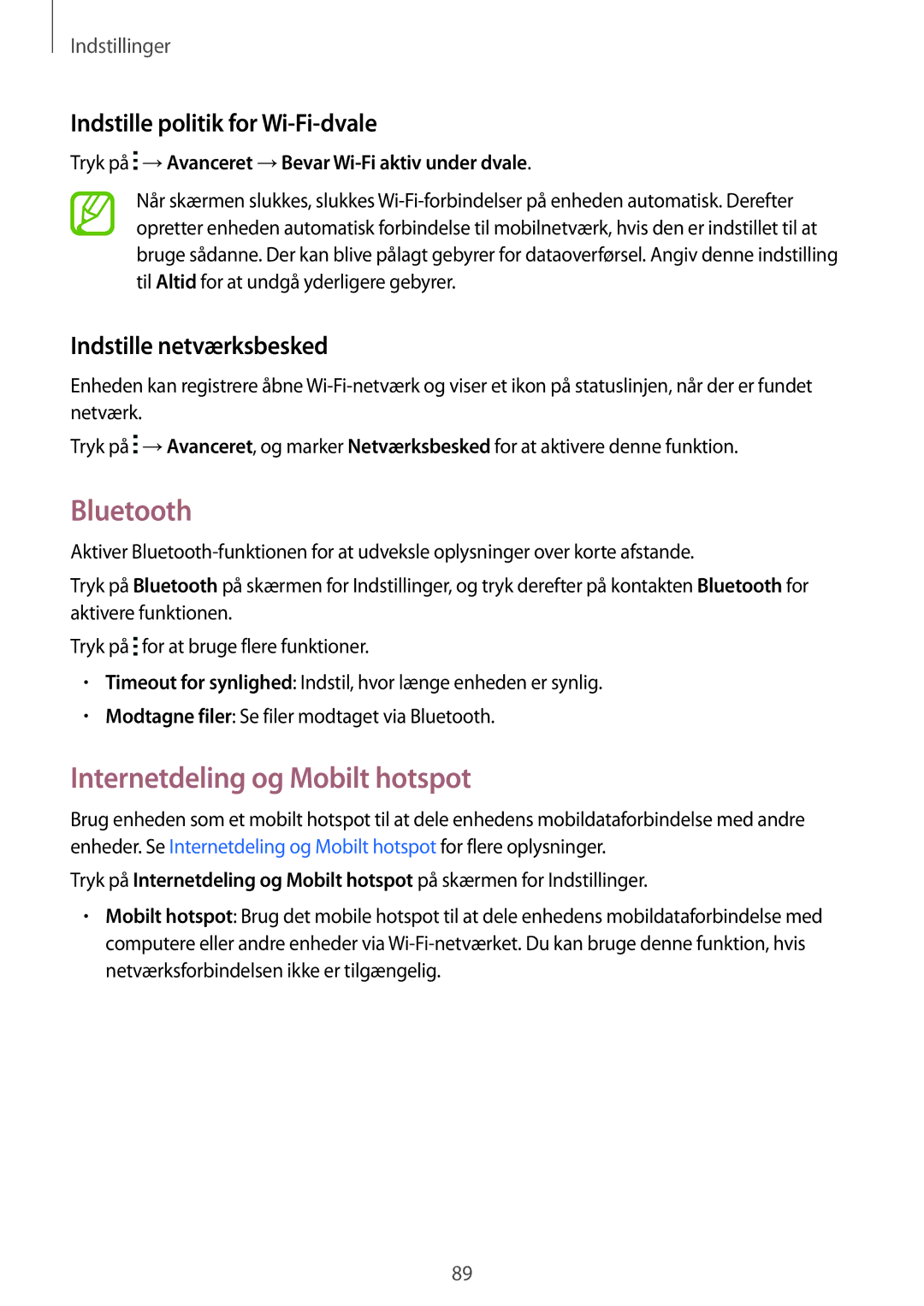 Samsung SM-G130HZANTEN, SM-G130HZANNEE manual Bluetooth, Internetdeling og Mobilt hotspot, Indstille politik for Wi-Fi-dvale 