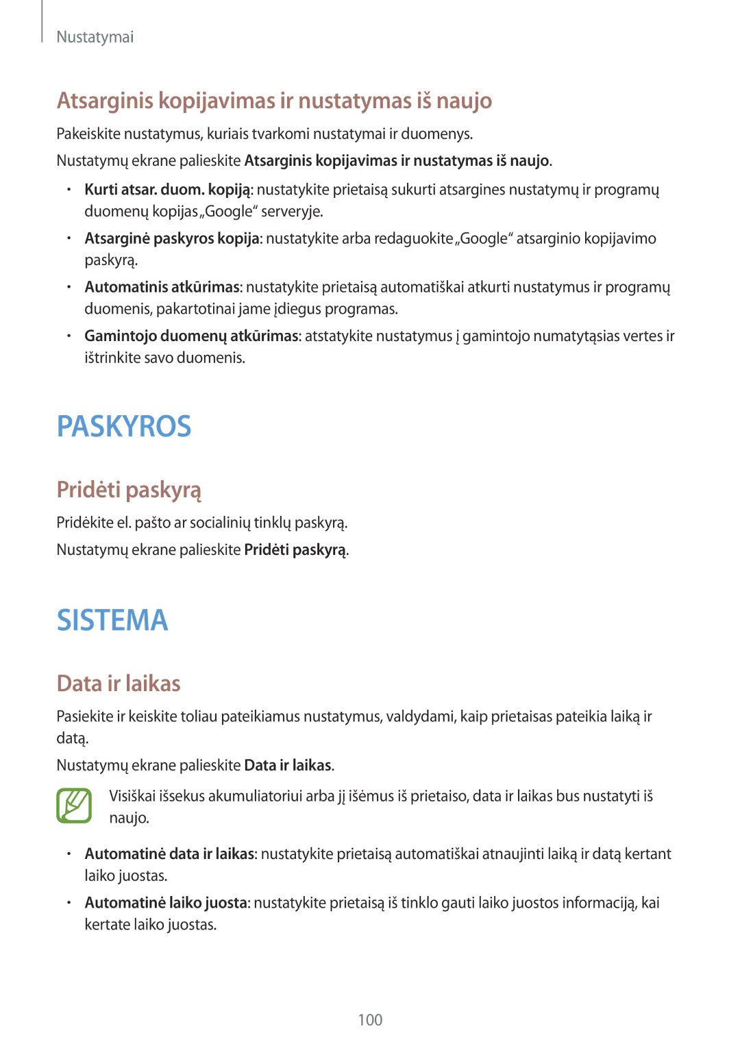 Samsung SM-G130HZANSEB, SM-G130HZWNSEB manual Atsarginis kopijavimas ir nustatymas iš naujo, Pridėti paskyrą, Data ir laikas 