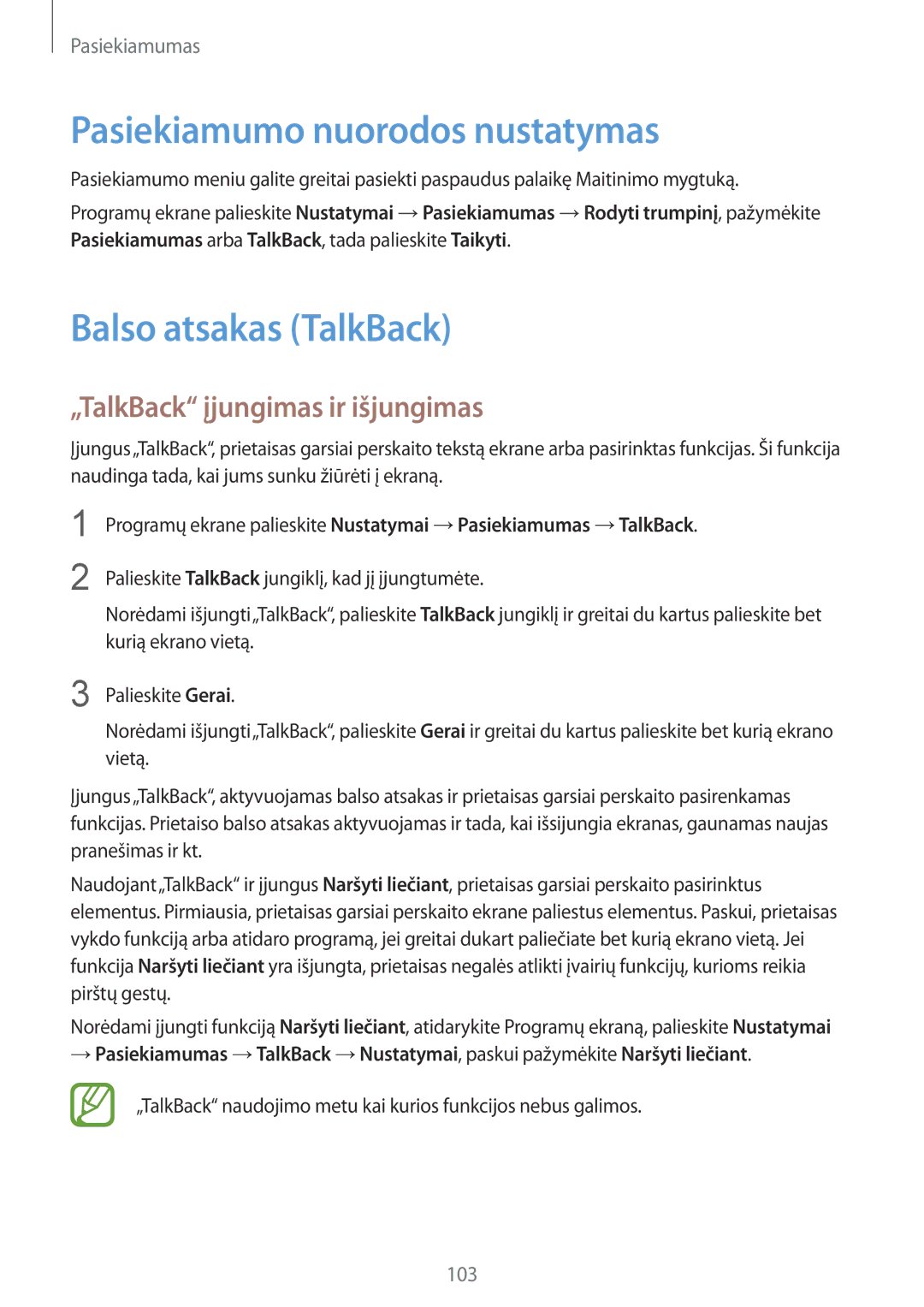 Samsung CG-G130HZAPEST manual Pasiekiamumo nuorodos nustatymas, Balso atsakas TalkBack, „TalkBack įjungimas ir išjungimas 