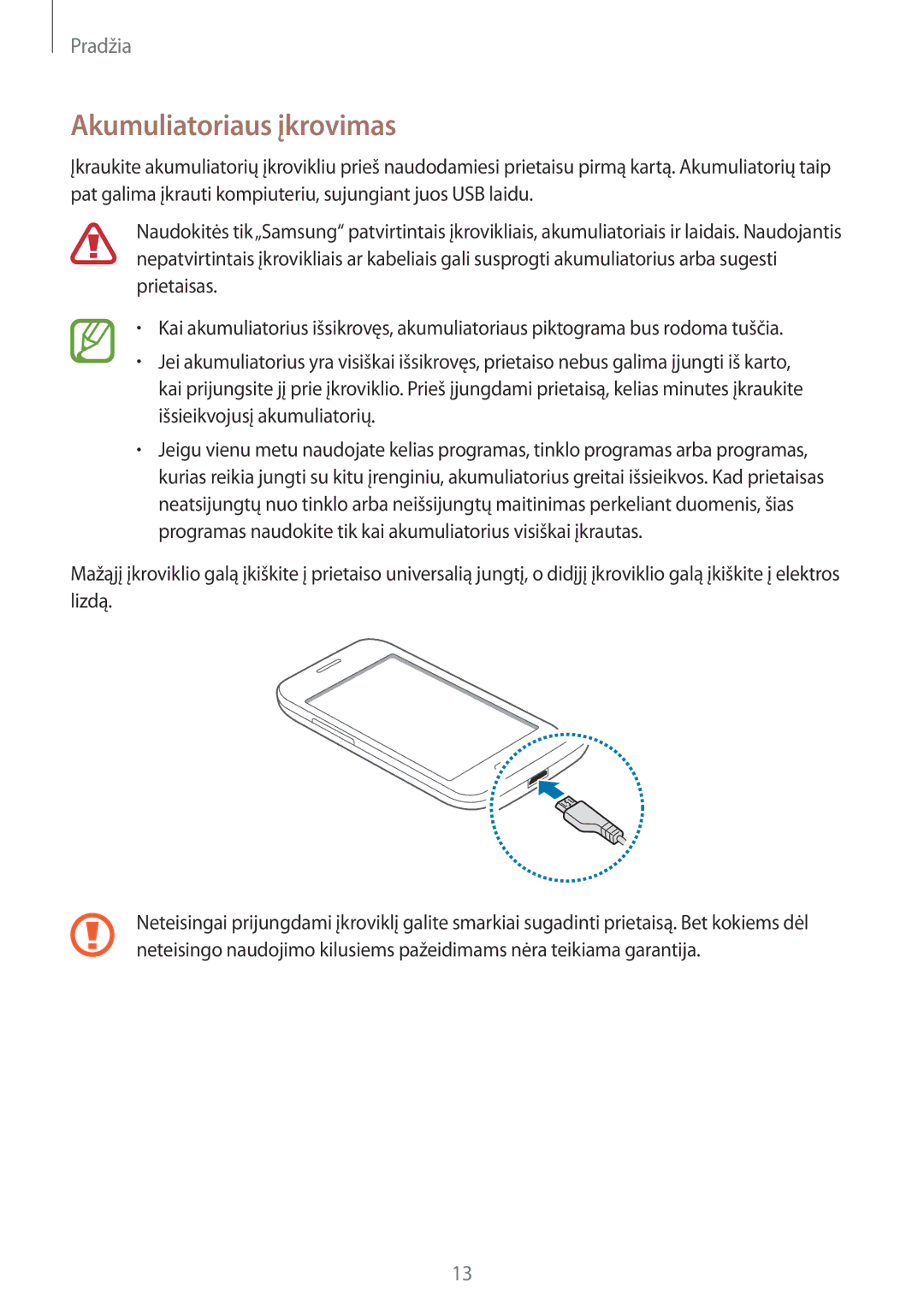 Samsung SM-G130HZWNSEB, SM-G130HZANSEB, CG-G130HZABEST, CG-G130HZAPEST manual Akumuliatoriaus įkrovimas 