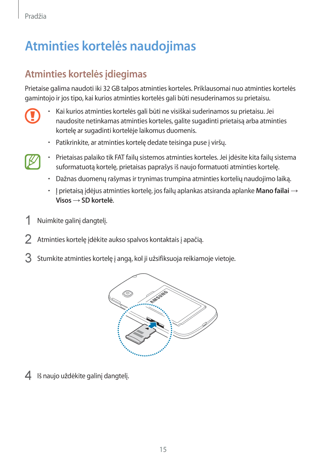 Samsung CG-G130HZAPEST, SM-G130HZANSEB, SM-G130HZWNSEB manual Atminties kortelės naudojimas, Atminties kortelės įdiegimas 