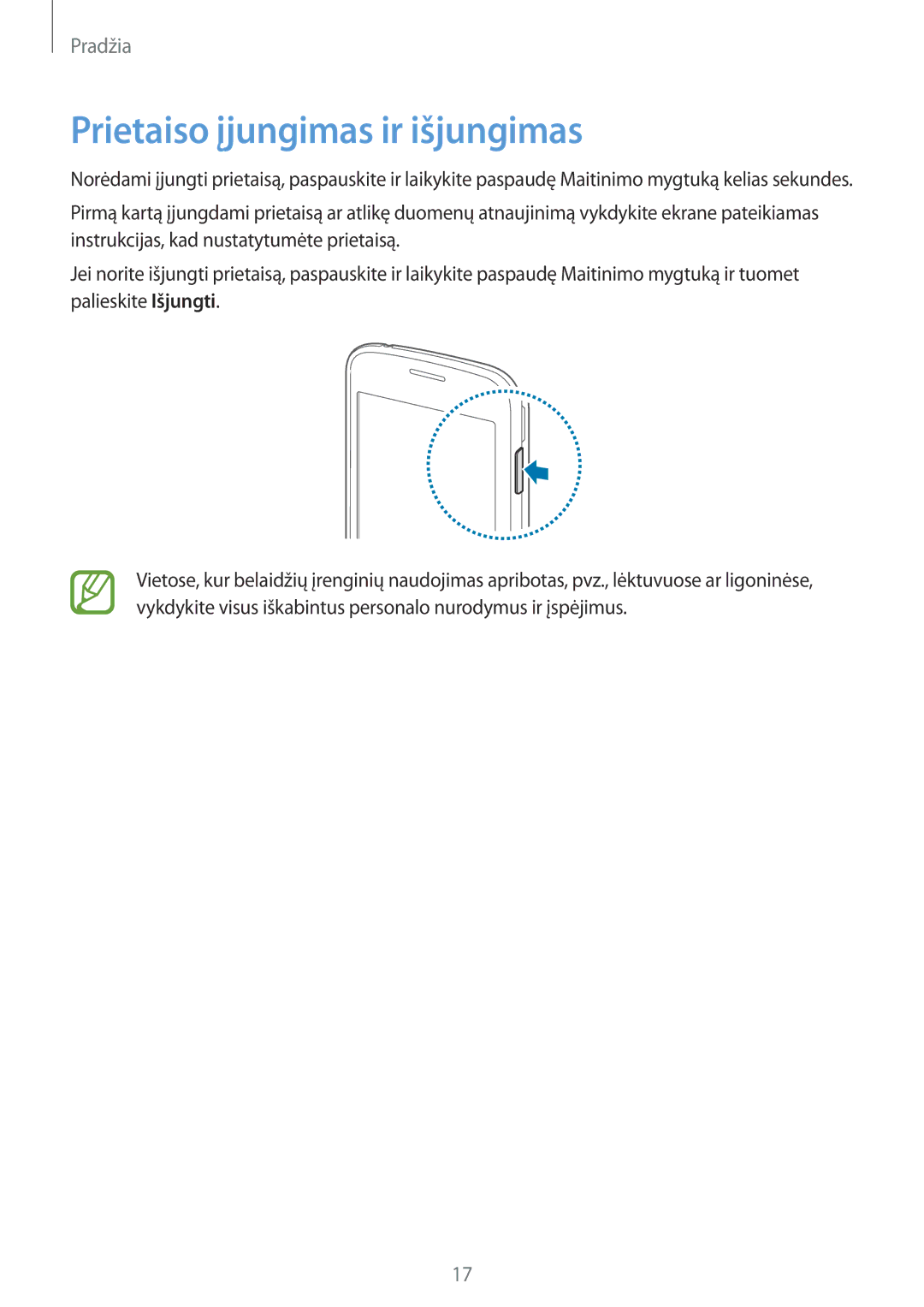 Samsung SM-G130HZWNSEB, SM-G130HZANSEB, CG-G130HZABEST, CG-G130HZAPEST manual Prietaiso įjungimas ir išjungimas 