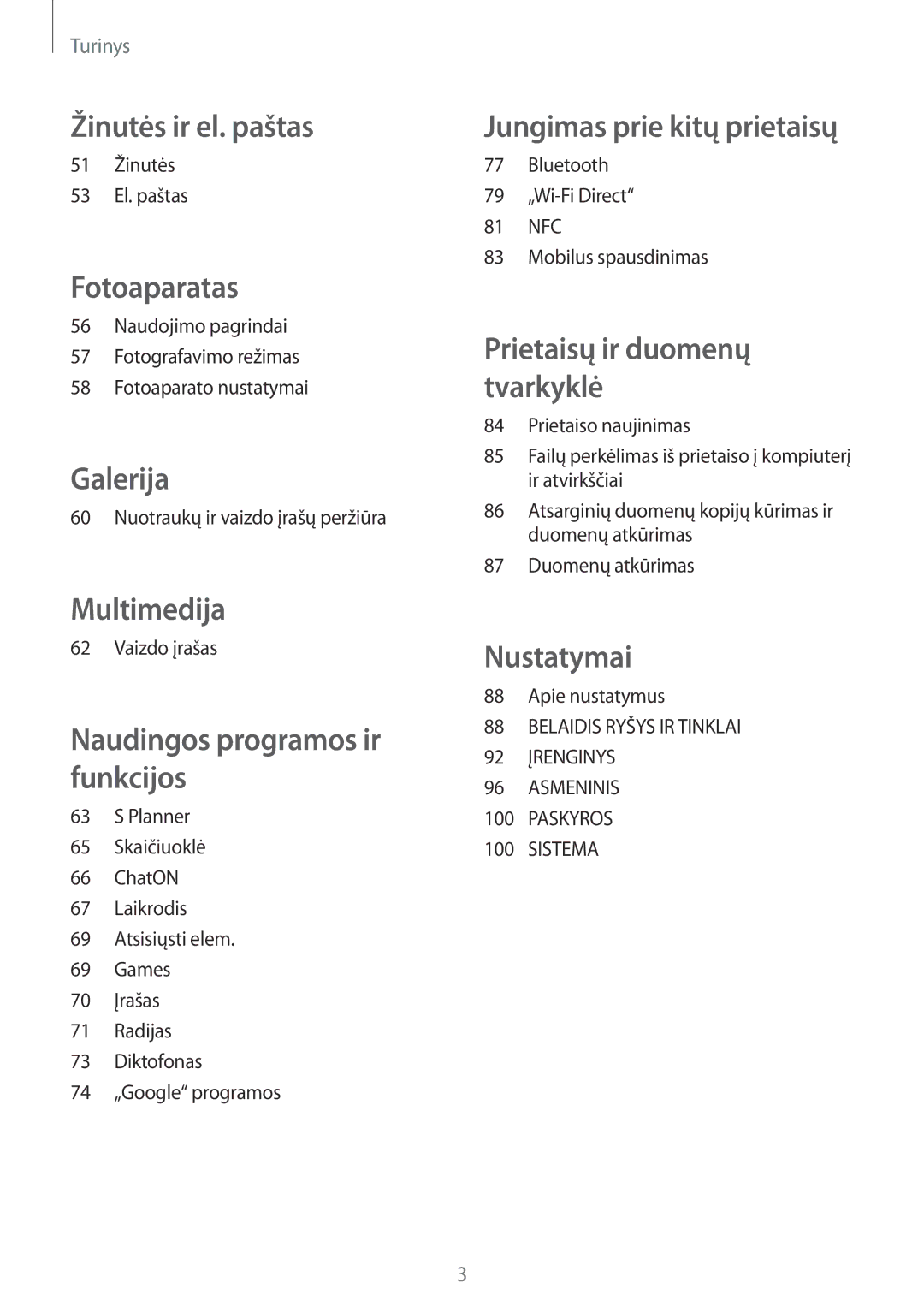 Samsung CG-G130HZAPEST manual 51 Žinutės 53 El. paštas, Nuotraukų ir vaizdo įrašų peržiūra, Vaizdo įrašas, Apie nustatymus 