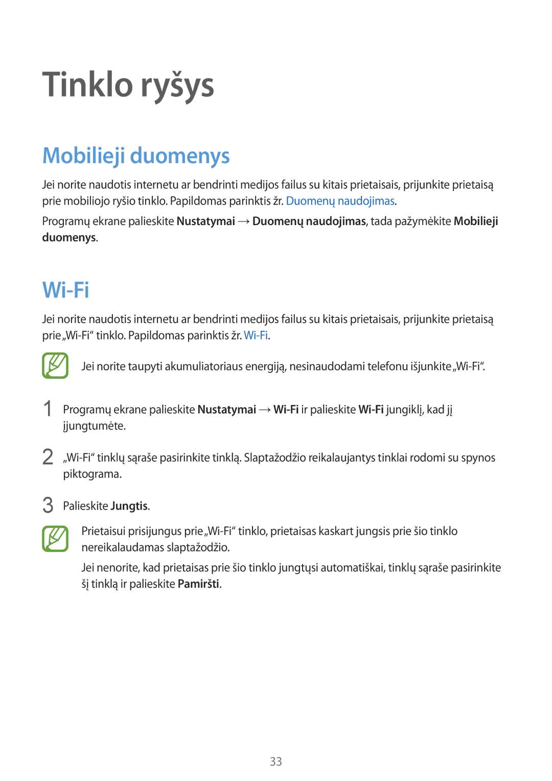 Samsung SM-G130HZWNSEB, SM-G130HZANSEB, CG-G130HZABEST, CG-G130HZAPEST manual Tinklo ryšys, Mobilieji duomenys, Wi-Fi 