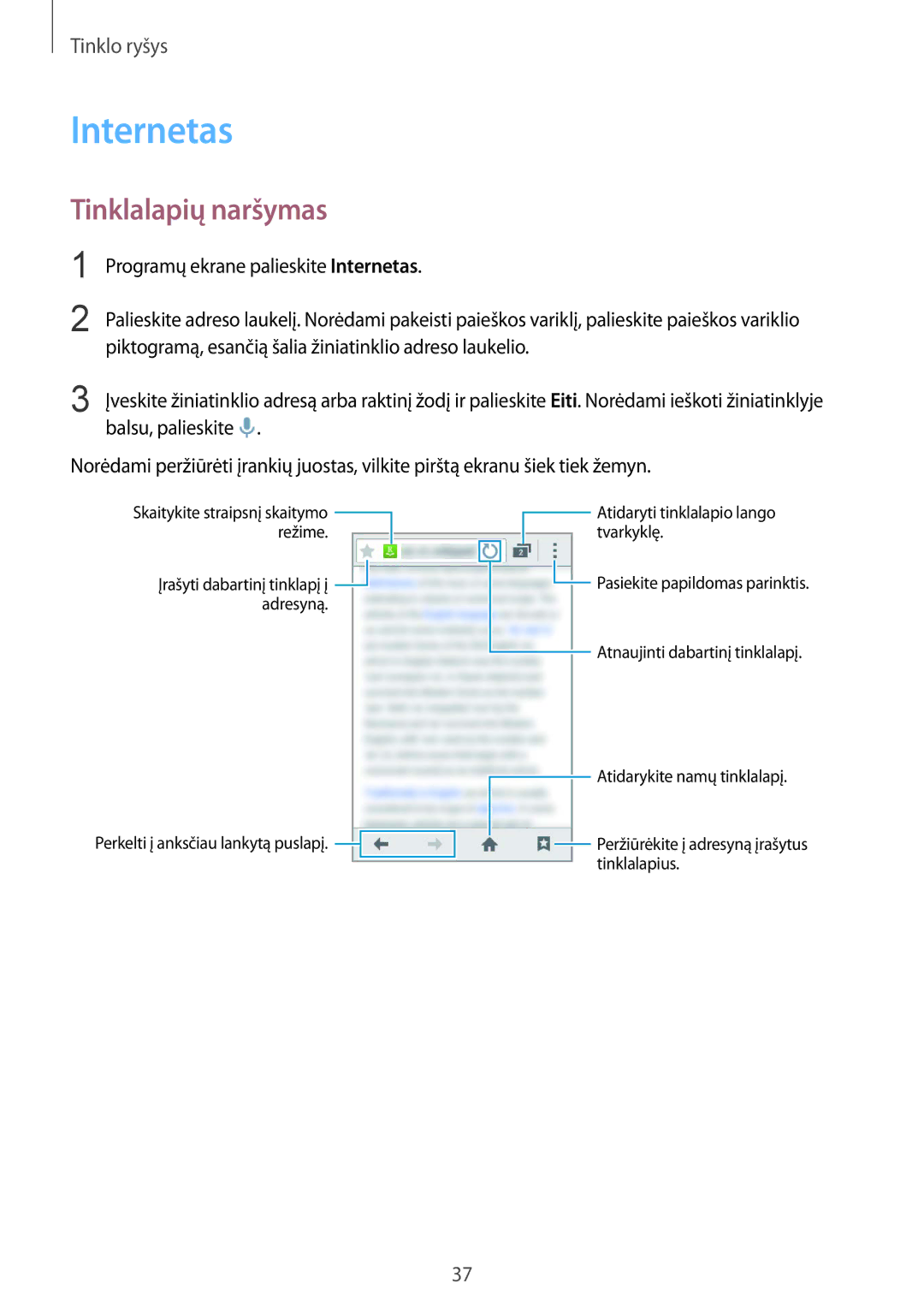 Samsung SM-G130HZWNSEB, SM-G130HZANSEB, CG-G130HZABEST, CG-G130HZAPEST manual Internetas, Tinklalapių naršymas 