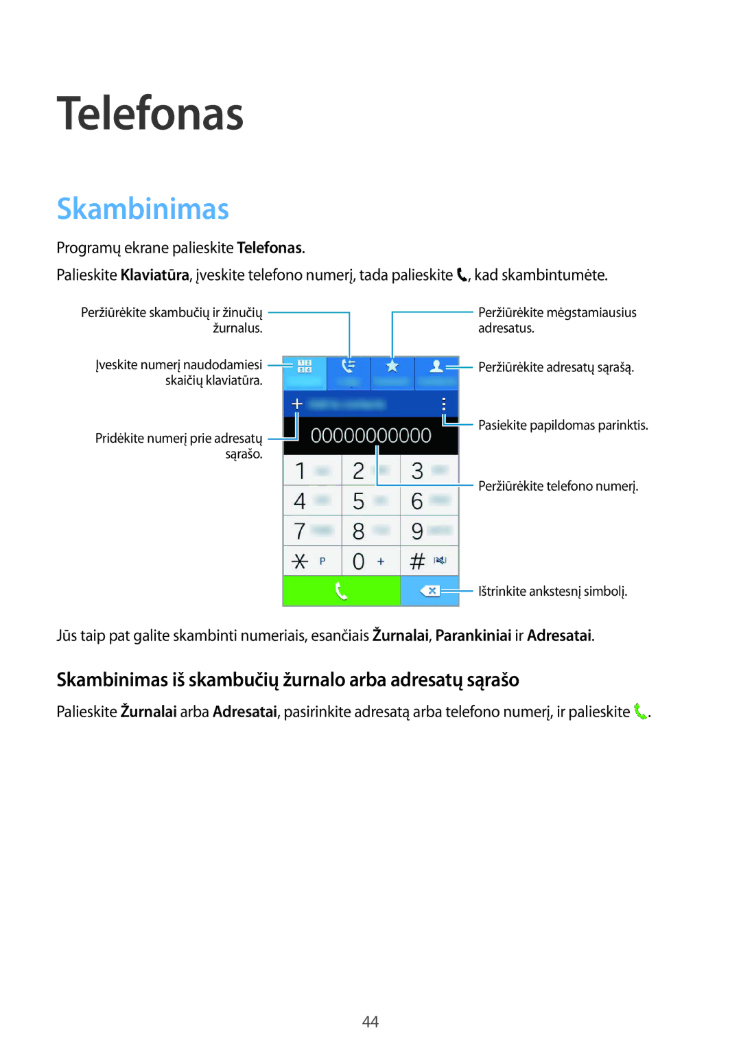 Samsung SM-G130HZANSEB, SM-G130HZWNSEB, CG-G130HZABEST Telefonas, Skambinimas iš skambučių žurnalo arba adresatų sąrašo 