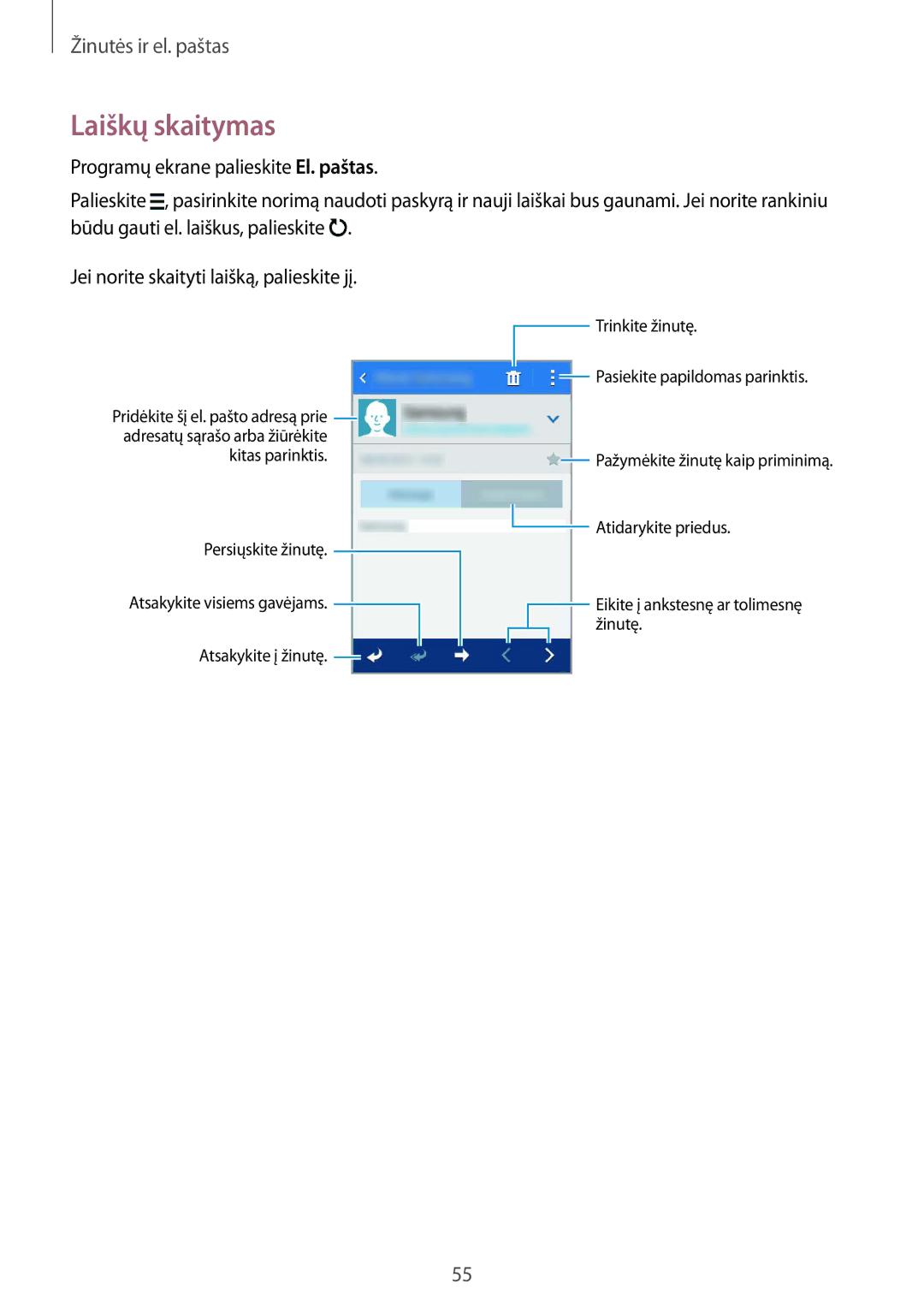 Samsung CG-G130HZAPEST, SM-G130HZANSEB, SM-G130HZWNSEB, CG-G130HZABEST manual Laiškų skaitymas 