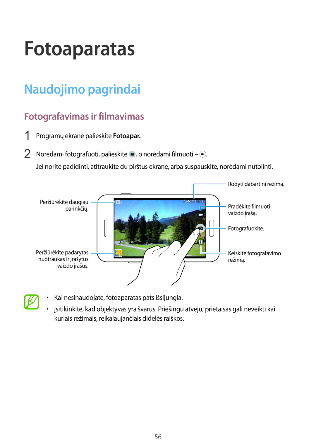 Samsung SM-G130HZANSEB, SM-G130HZWNSEB, CG-G130HZABEST manual Fotoaparatas, Naudojimo pagrindai, Fotografavimas ir filmavimas 
