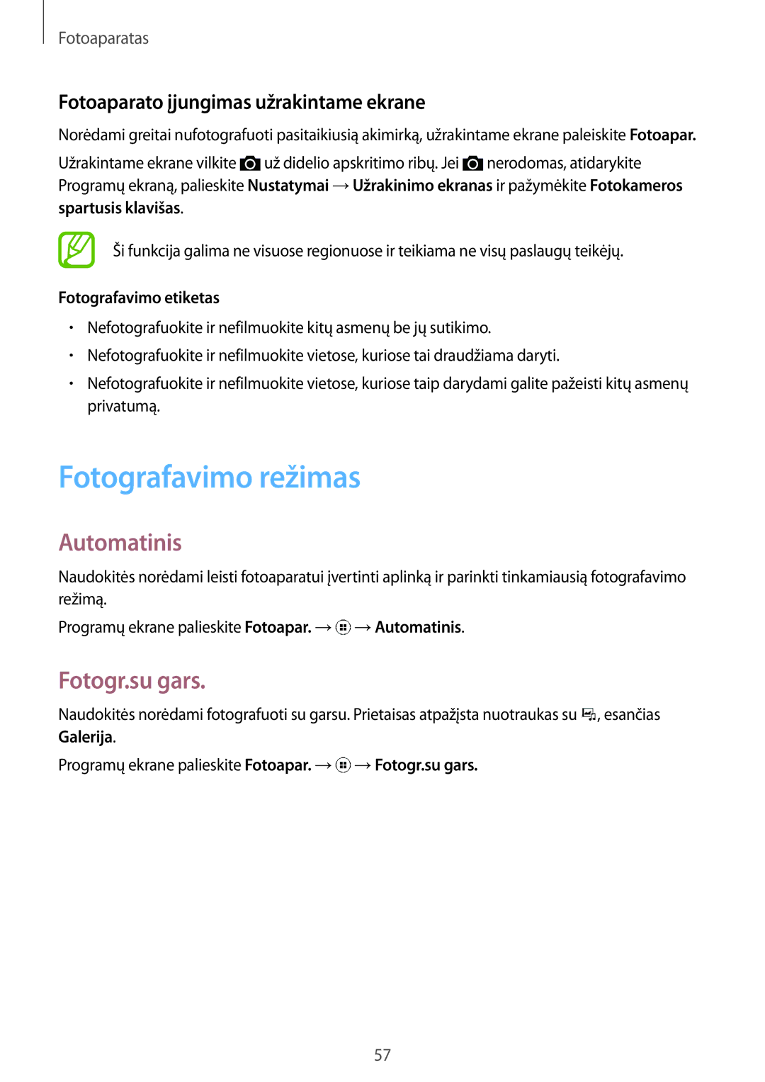 Samsung SM-G130HZWNSEB manual Fotografavimo režimas, Automatinis, Fotogr.su gars, Fotoaparato įjungimas užrakintame ekrane 