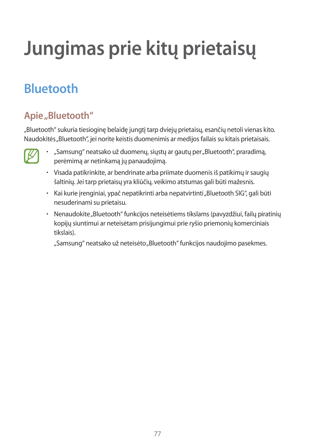 Samsung SM-G130HZWNSEB, SM-G130HZANSEB, CG-G130HZABEST, CG-G130HZAPEST manual Jungimas prie kitų prietaisų, Apie„Bluetooth 