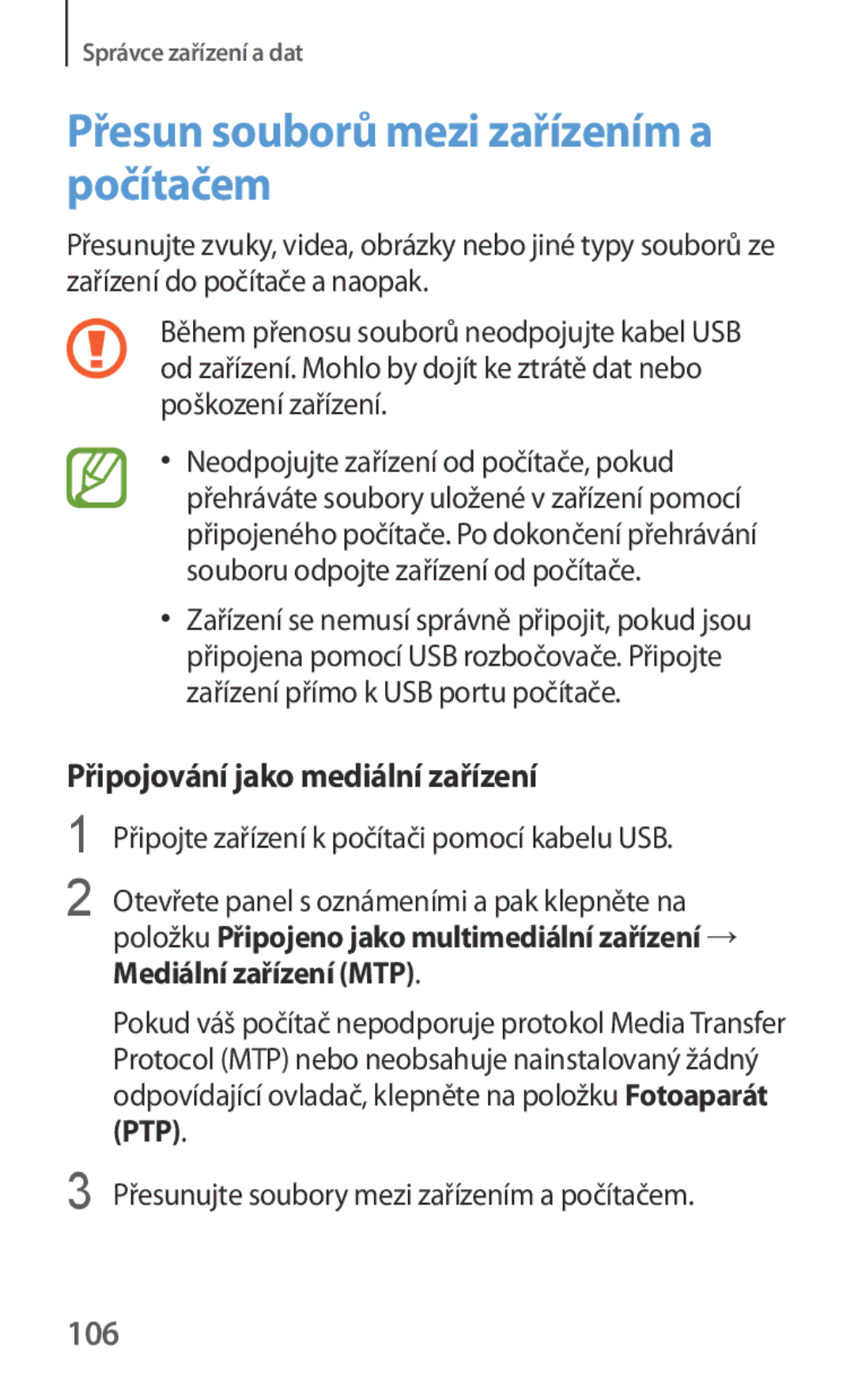 Samsung SM-G130HZANORS, SM-G130HZWNCOS Přesun souborů mezi zařízením a počítačem, Připojování jako mediální zařízení, 106 