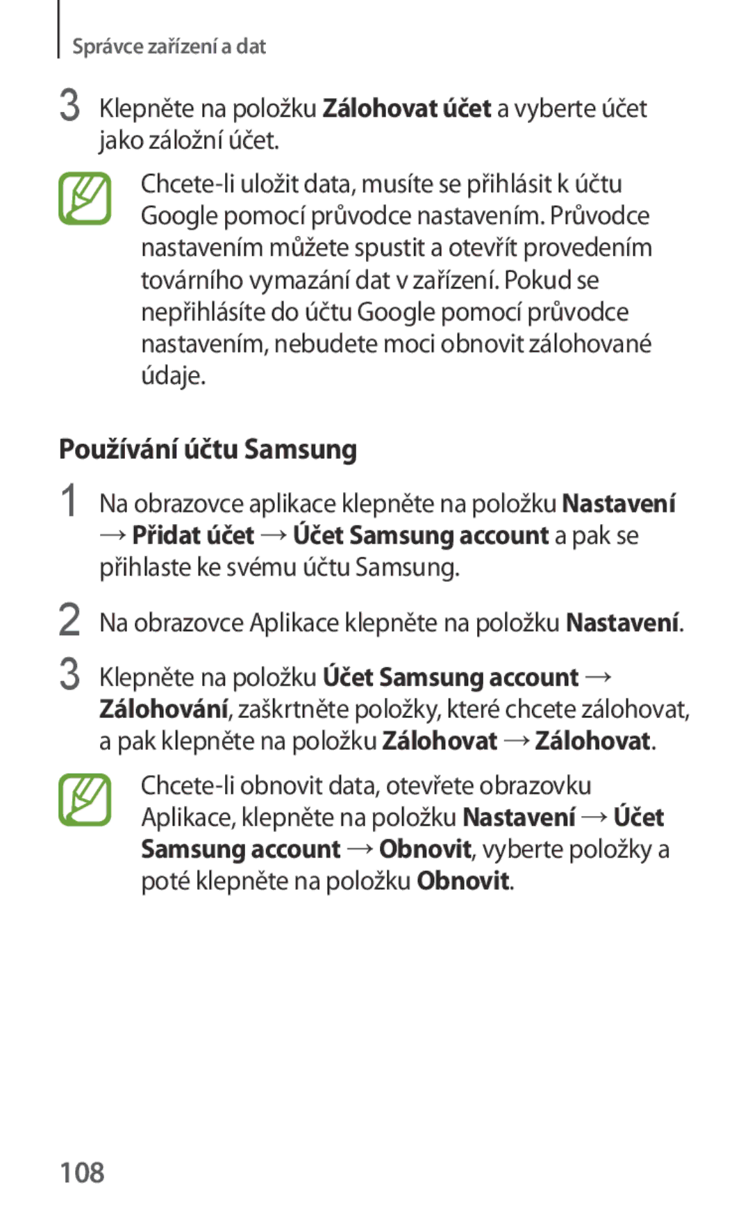 Samsung SM-G130HZWDXEH, SM-G130HZWNCOS manual Používání účtu Samsung, 108, Klepněte na položku Účet Samsung account → 