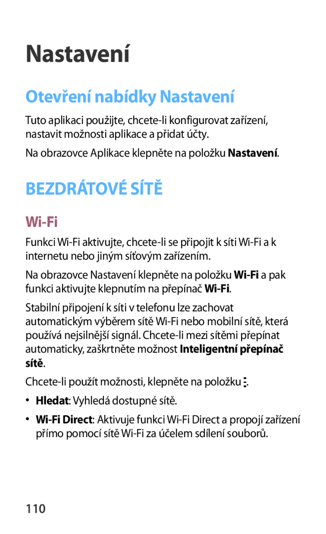 Samsung SM2G130HZWNETL, SM-G130HZWNCOS, SM-G130HZWNEUR, SM-G130HZANCOS manual Otevření nabídky Nastavení, Wi-Fi, 110 