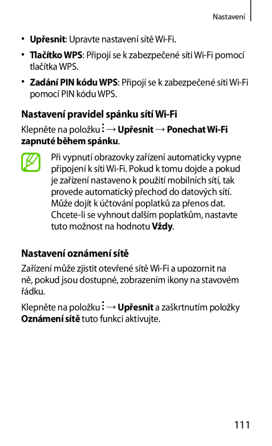 Samsung SM-G130HZANSWR, SM-G130HZWNCOS, SM-G130HZWNEUR Nastavení pravidel spánku sítí Wi-Fi, Nastavení oznámení sítě, 111 